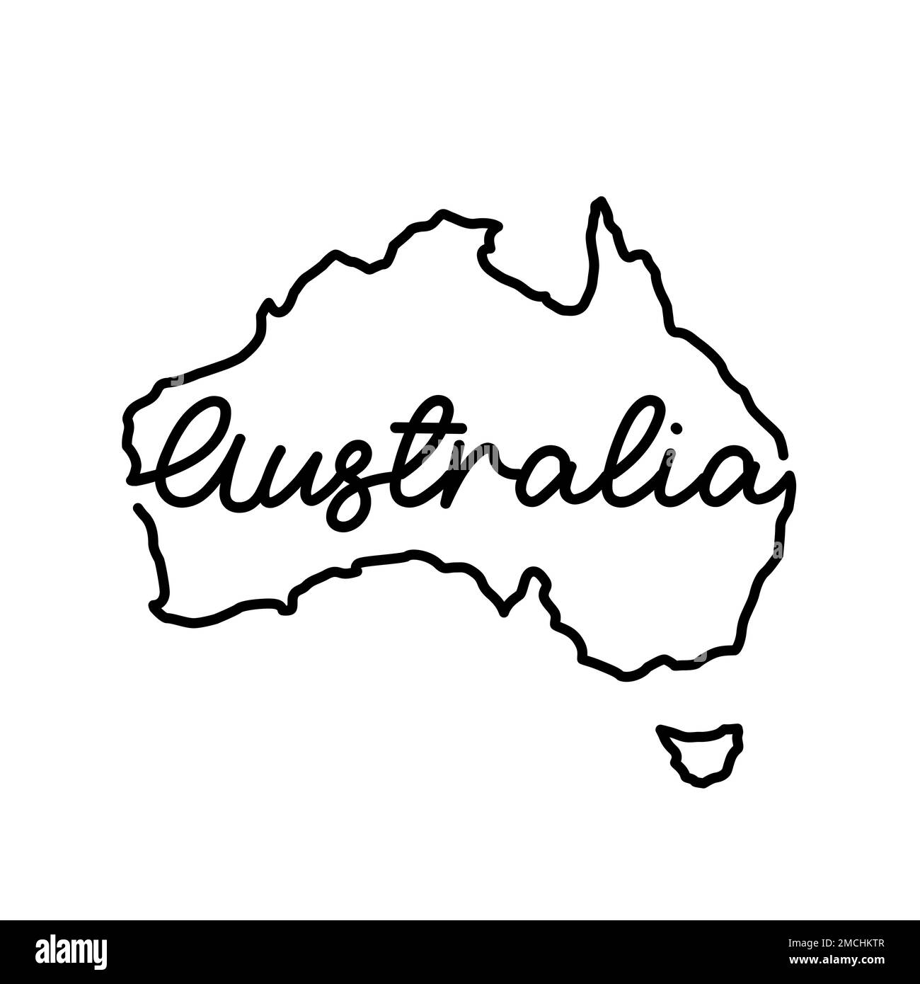 Mappa del profilo dell'Australia con il nome del paese scritto a mano. Linea continua di segno di casa patriottica. Un amore per una piccola patria. id stampato T-shirt Foto Stock