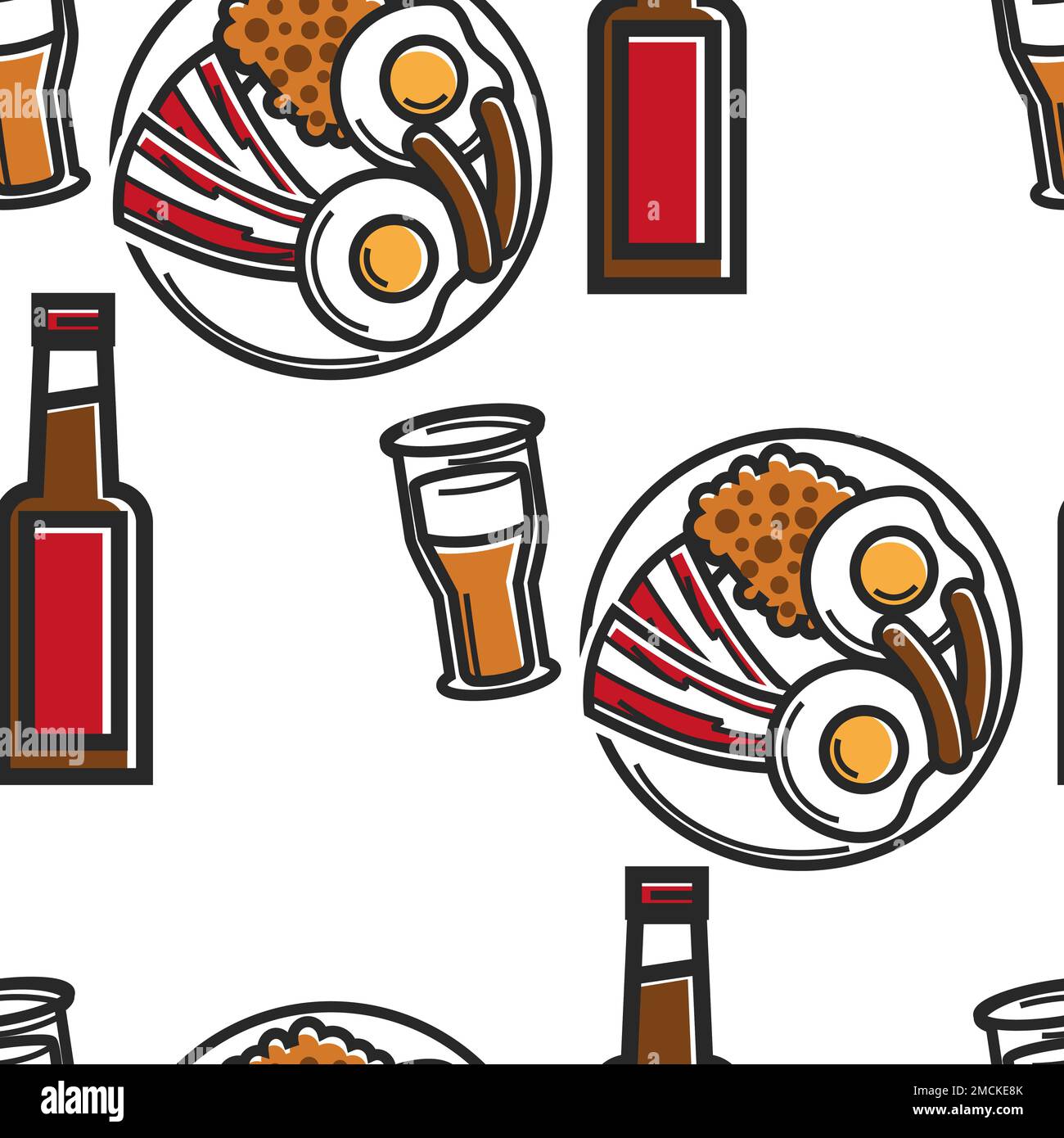 L'Inghilterra simbolo senza cuciture modello di birra e colazione inglese vettore drink e cibo pancetta con uova fritte e salsicce infinite texture bevande alcoliche Illustrazione Vettoriale