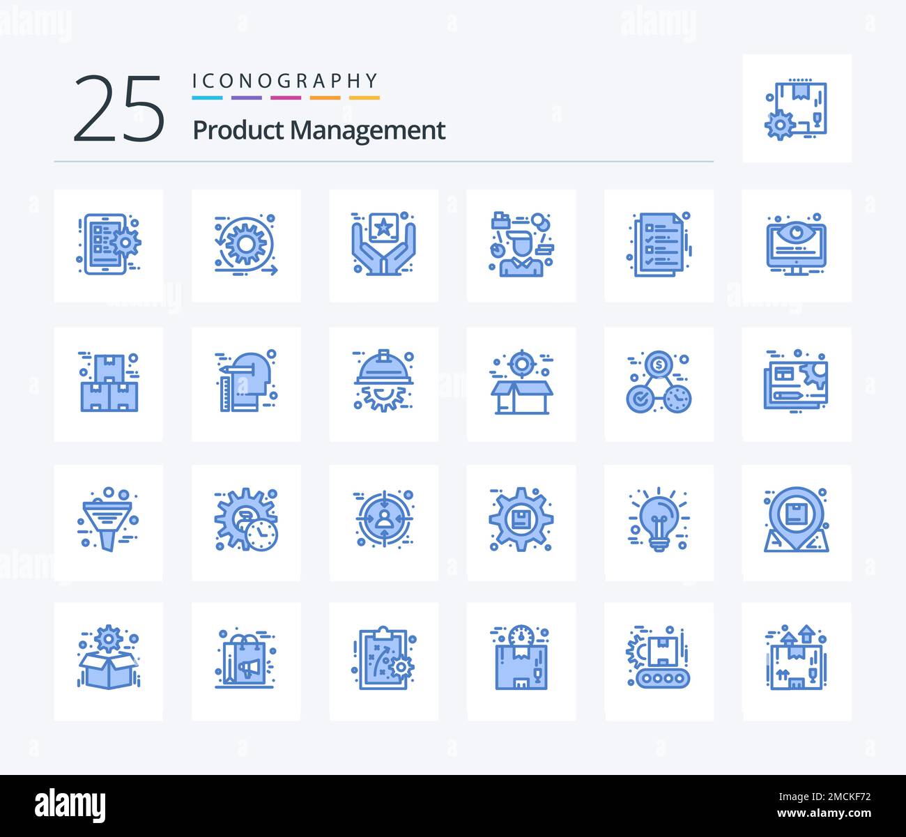Gestione del prodotto 25 pacchetto icone blu con manager. attività. tempo. persona. merci Illustrazione Vettoriale