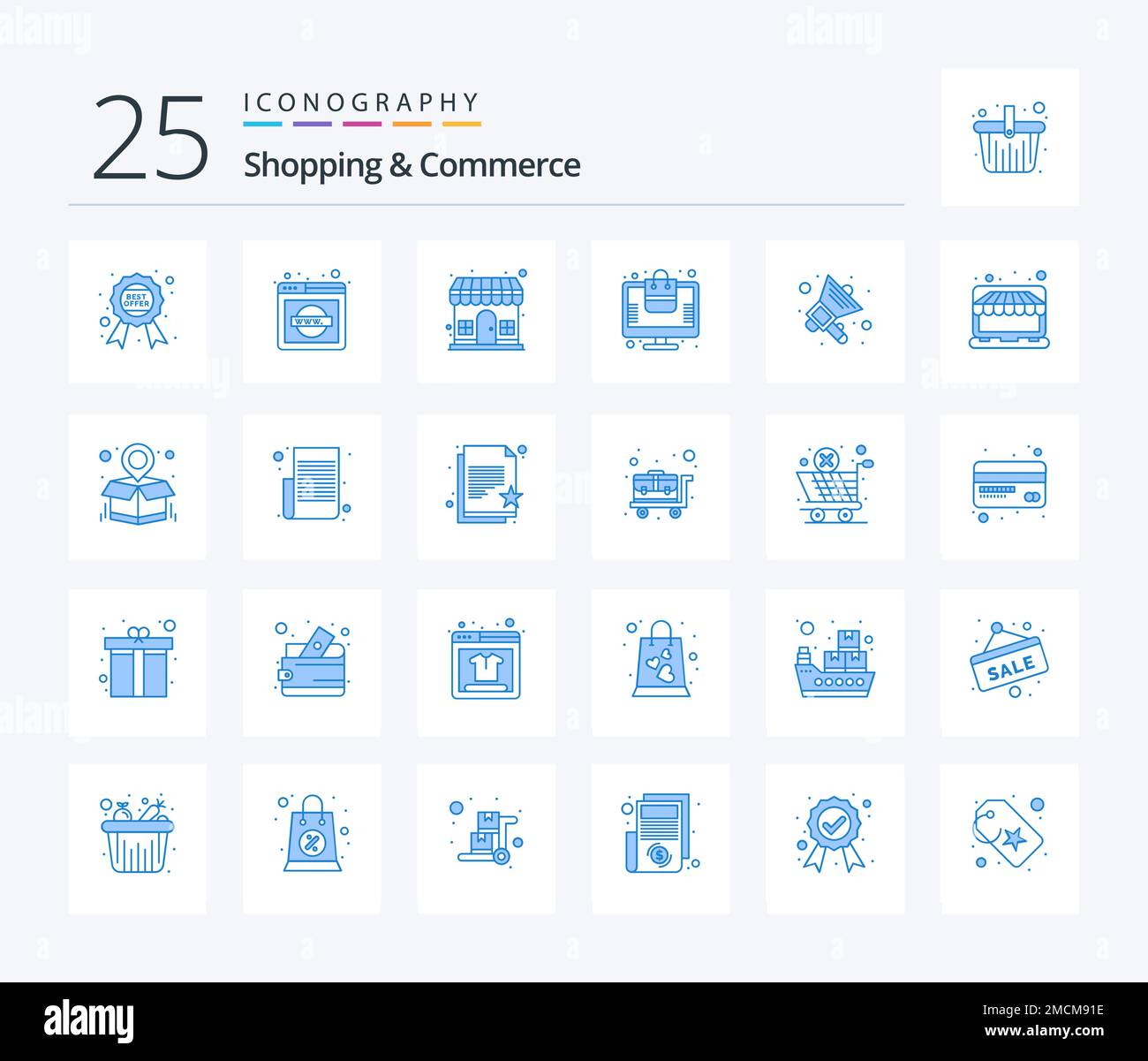 Shopping e Commercio 25 pacchetto icone colore blu incluso online. ordine prenotato. world wide web. ordine approvato. negozio Illustrazione Vettoriale