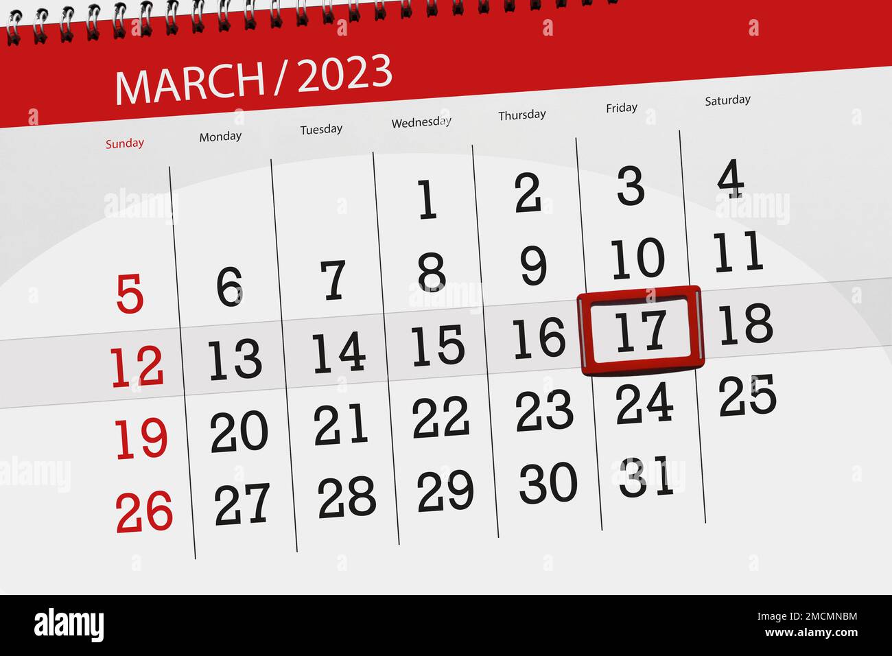 Calendario 2023, scadenza, giorno, mese, pagina, organizzatore, data, marzo, venerdì, numero 17. Foto Stock