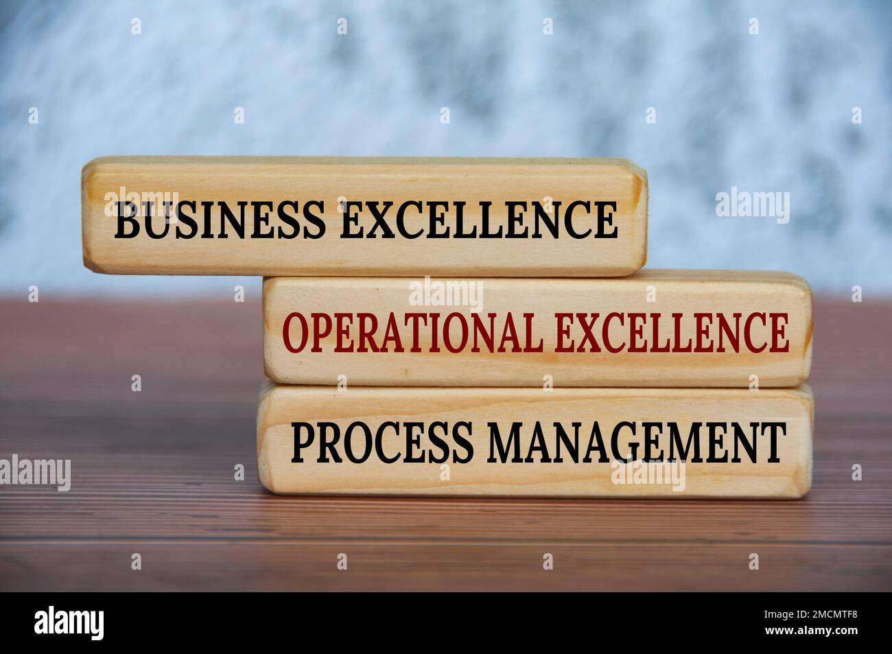 Eccellenza aziendale, eccellenza operativa e testo di gestione dei processi su blocchi di legno. Eccellenza operativa e concetto di strategia aziendale. Foto Stock