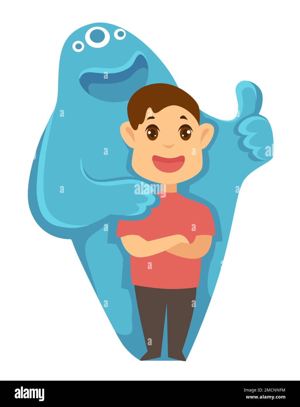 Ragazzo e mostro immaginario amico infanzia superando la paura Illustrazione Vettoriale