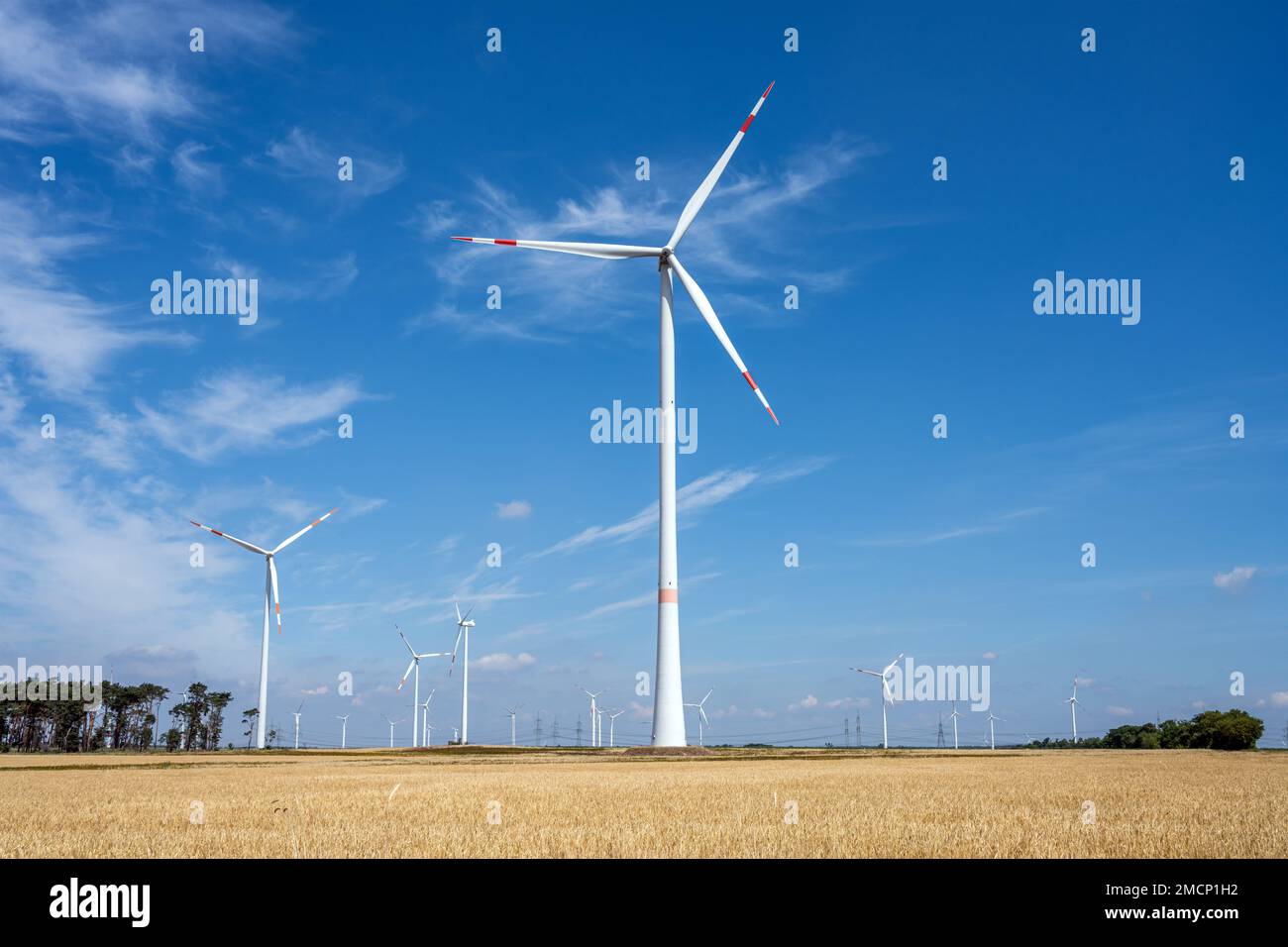 Turbine eoliche in un campo di coltura in una bella giornata di sole in Germania Foto Stock