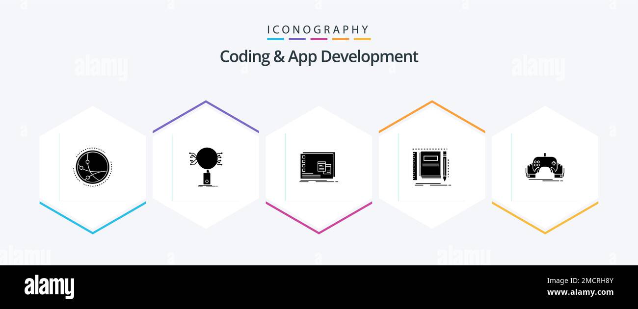 Codifica e sviluppo di app 25 Glyph pacchetto icone incluso blocco note. libro. ricerca. programma. operativo Illustrazione Vettoriale
