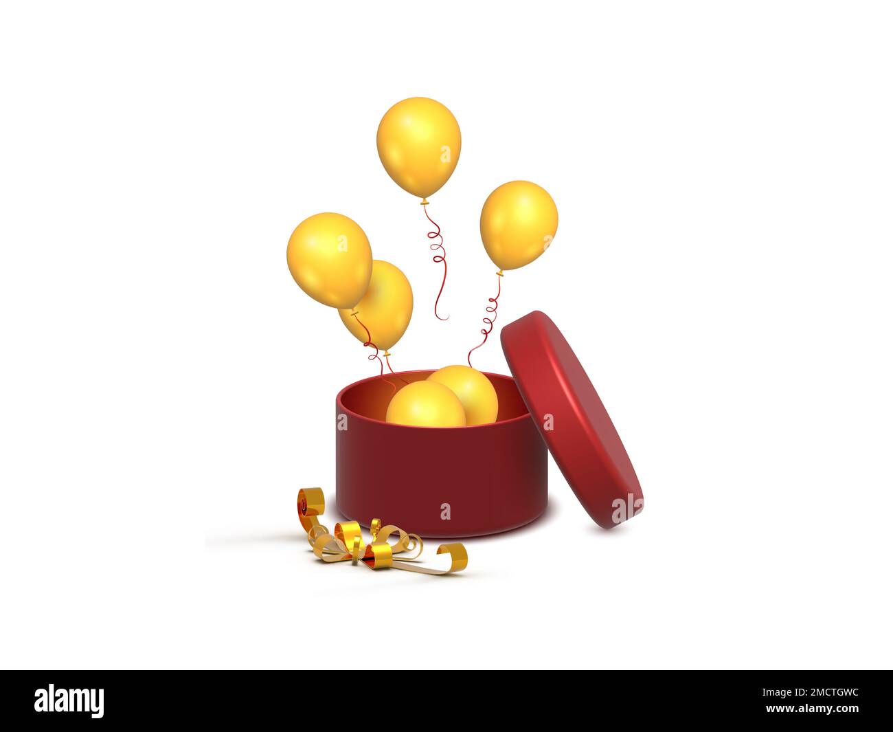 Confezione regalo aperta isolata e realistica con palloncino volante in stile 3D. Elemento di design per le celebrazioni. Foto Stock