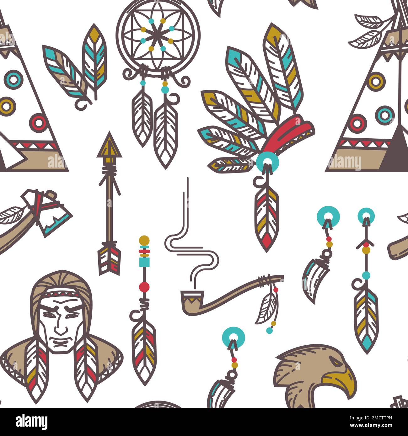 Tribù indiane elementi indiani nativi americani modello senza giunture Illustrazione Vettoriale