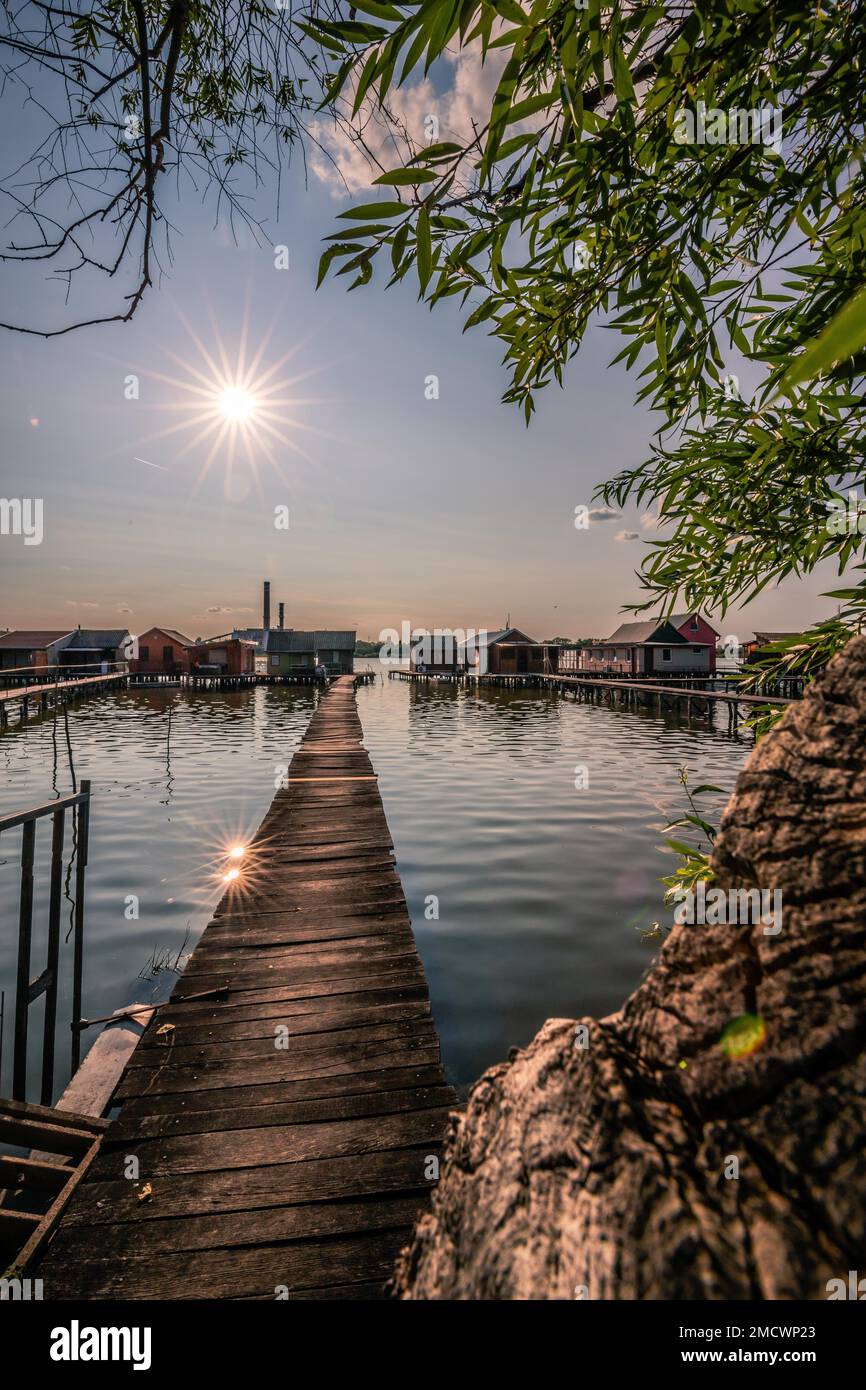 Piccole case di legno con un molo in un lago, servono come case di pesca e vacanze per gli ungheresi. Bellissima foto di paesaggio al tramonto, Lago Bokodi Foto Stock