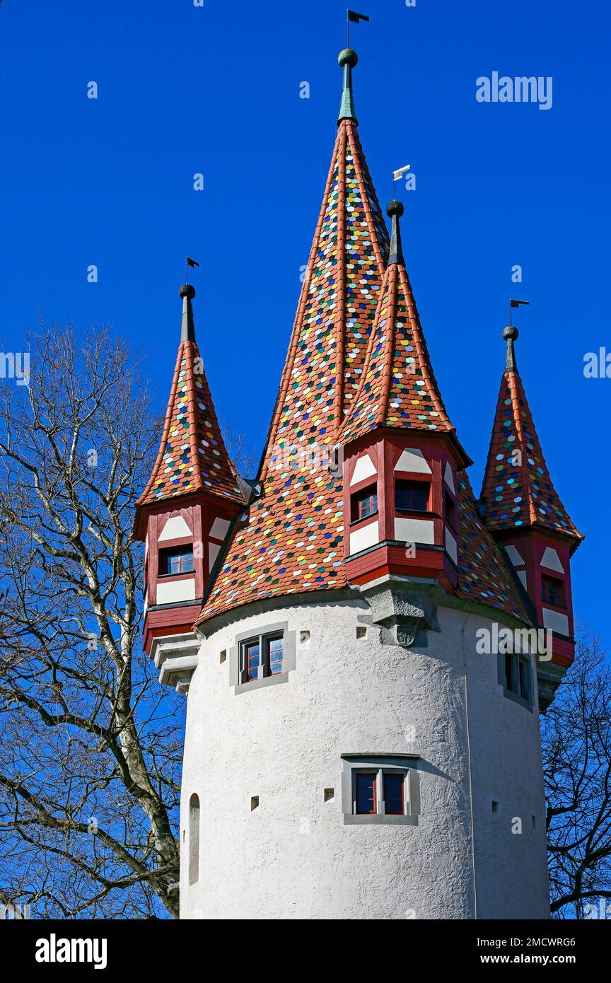 Diebsturm dal 1380 con tegole colorate, torre cittadina, Lindau, Swabia, Baviera, Germania Foto Stock