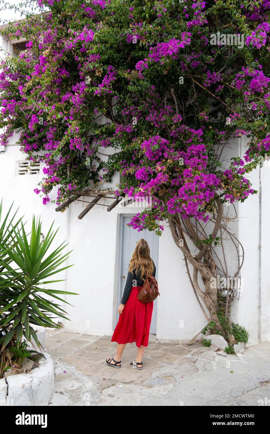 Giovane donna con gonna rossa nei vicoli della città vecchia Chora, grande bouganvillea viola, Mykonos Town, Mykonos, Cicladi, Grecia Foto Stock