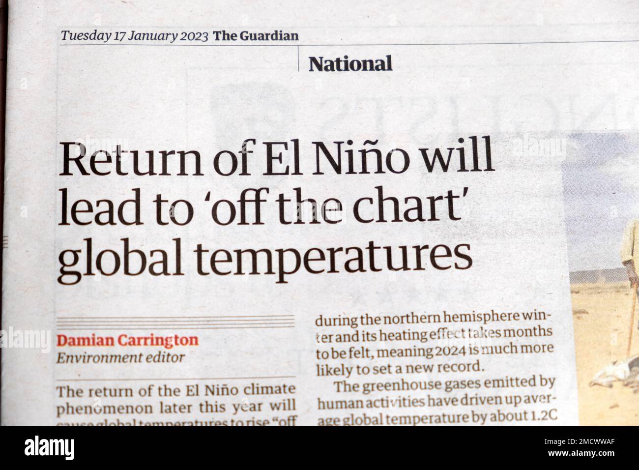 'Il ritorno di El Niño porterà a 'Off the chart temperature globali' Guardian giornale articolo headline clipping Cutting 17 gennaio 2023 Londra UK Foto Stock