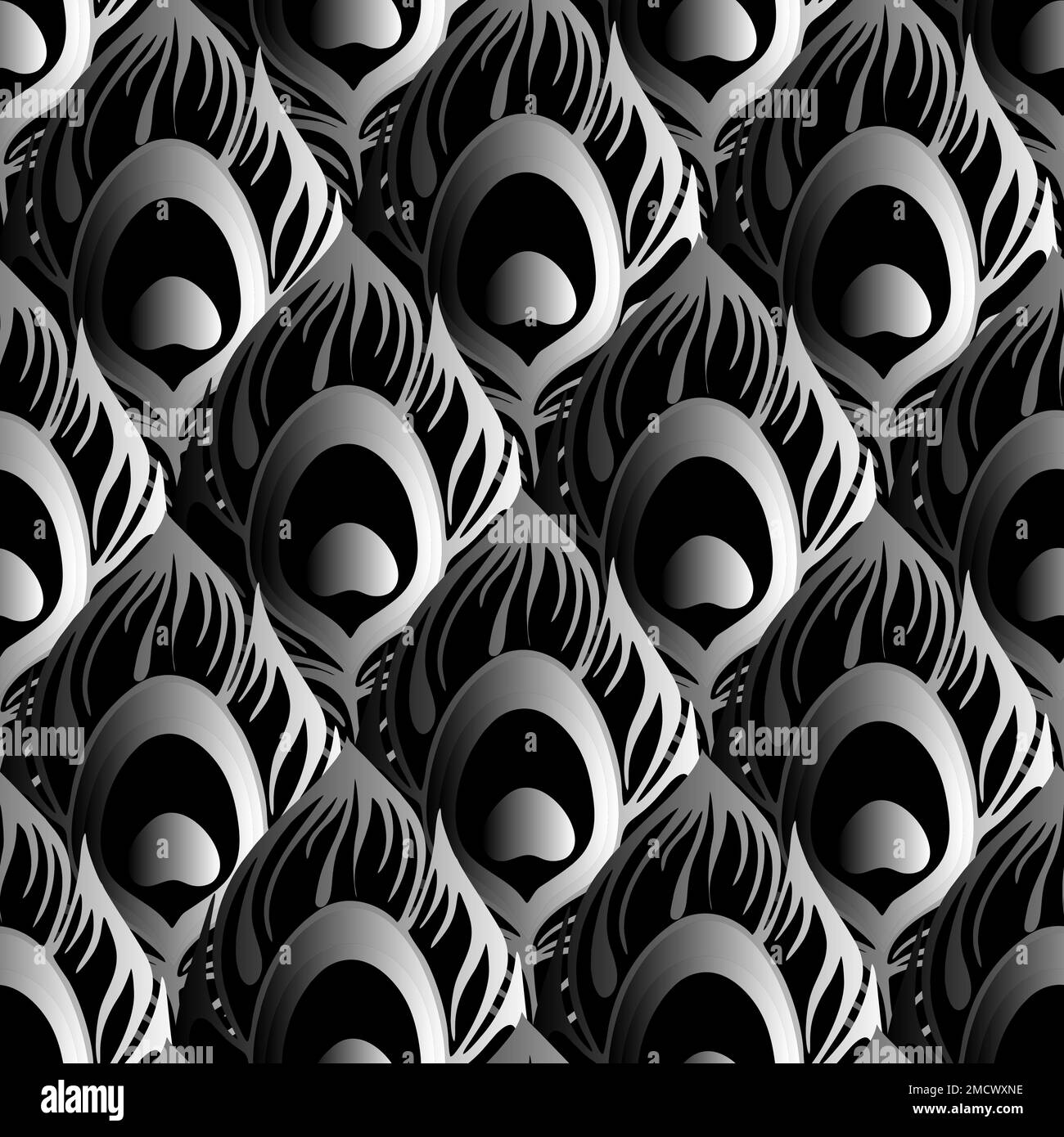 motivo senza cuciture di piume volumetriche nere e grigie, texture, design Foto Stock