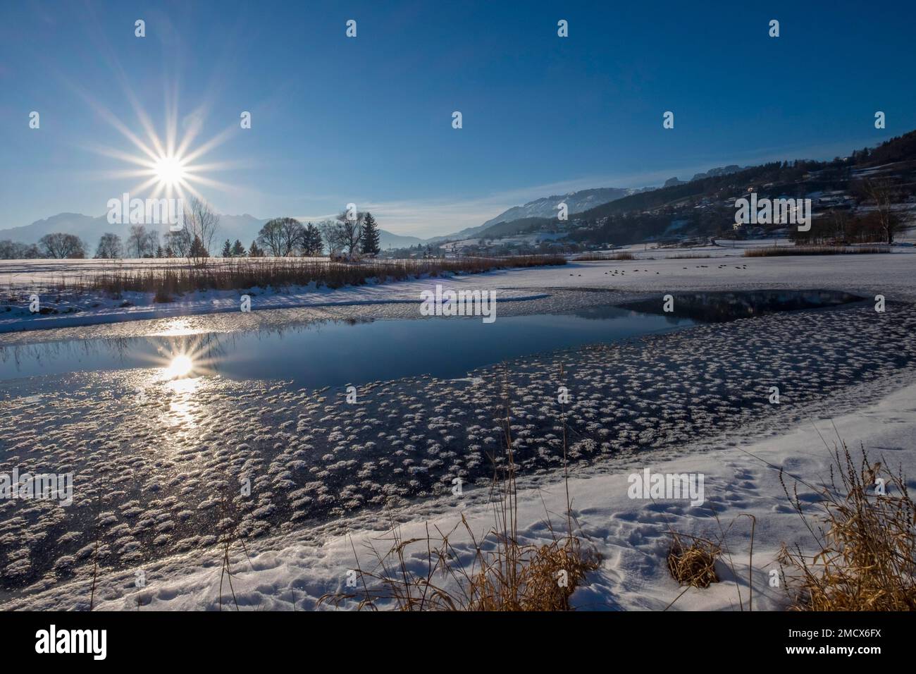 Sole su Egelsee, Maurer Riet, Mauren, Valle del Reno, Liechtenstein Foto Stock