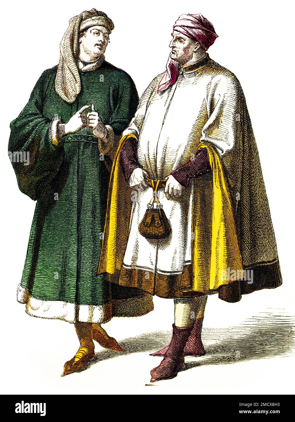 Muenchener Bilderbogen, costumi, 14th ° secolo, patrizi tedeschi, due uomini, Wealth, Germania, città, abiti lunghi, moda, elegante, ritratto, storico Foto Stock