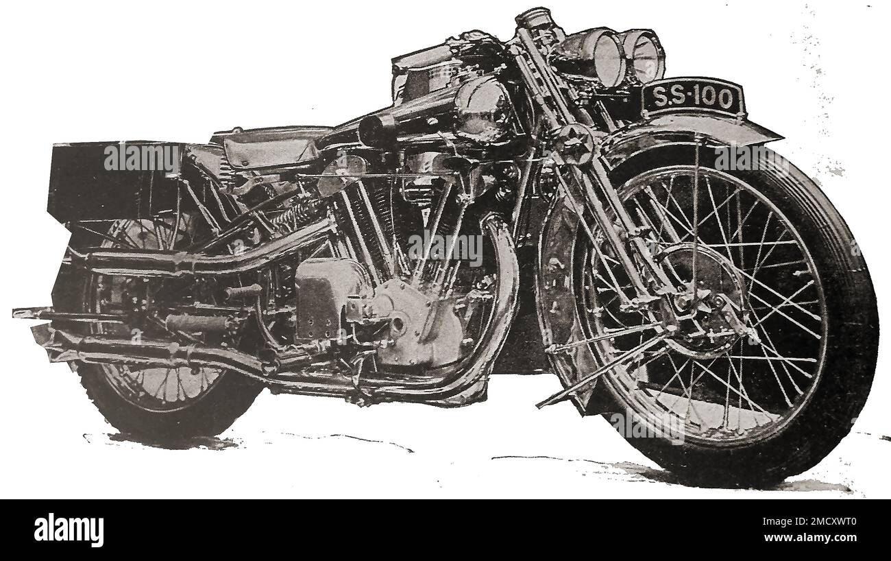 Un'illustrazione della rivista 1930 di una motocicletta britannica Brough Superior in grado di supportare 100 m.p.a..j Foto Stock