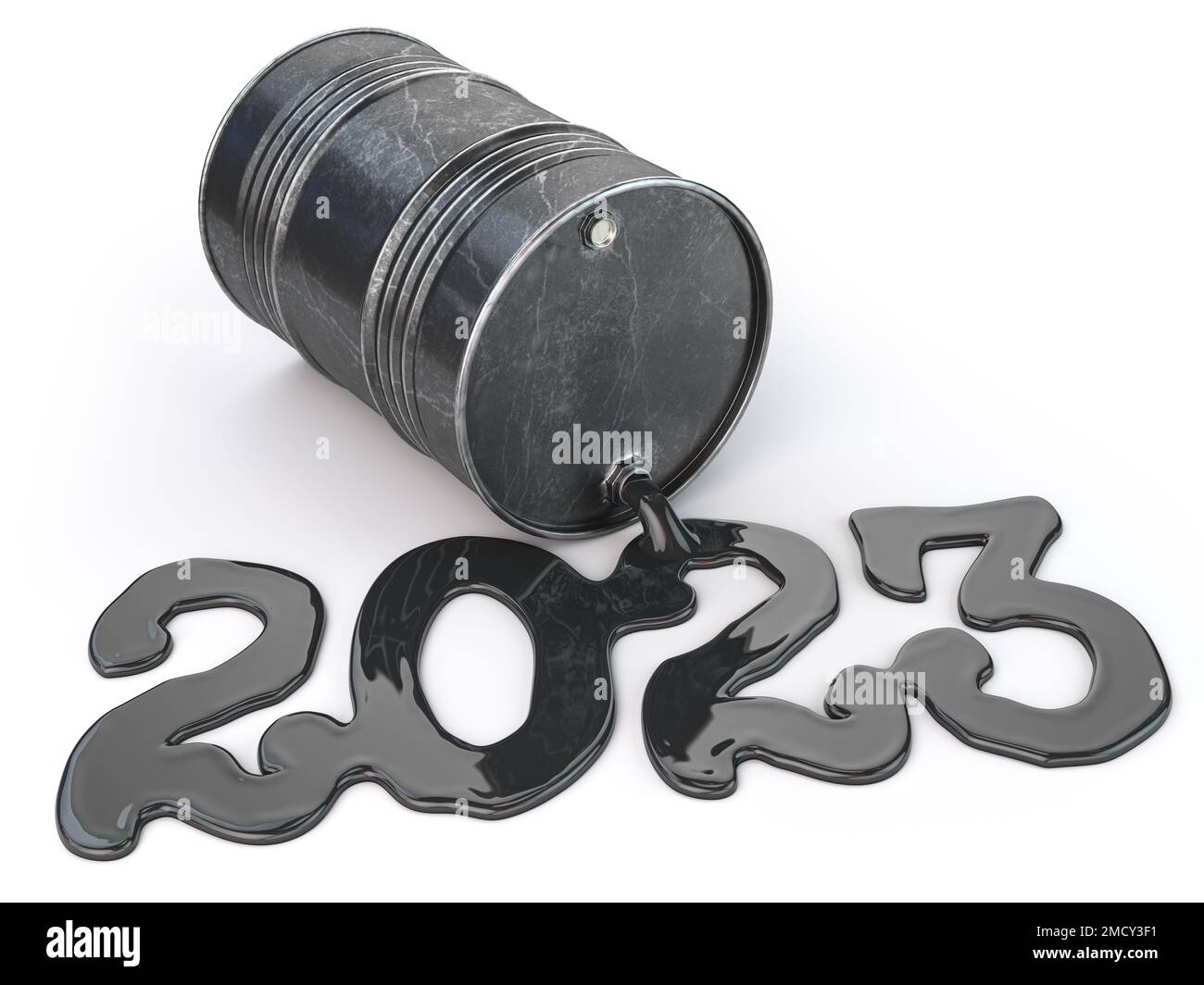 Barile d'olio con olio versato in forma os 2023. Felice nuovo 2023 anno per l'industria petrolifera. illustrazione 3d Foto Stock