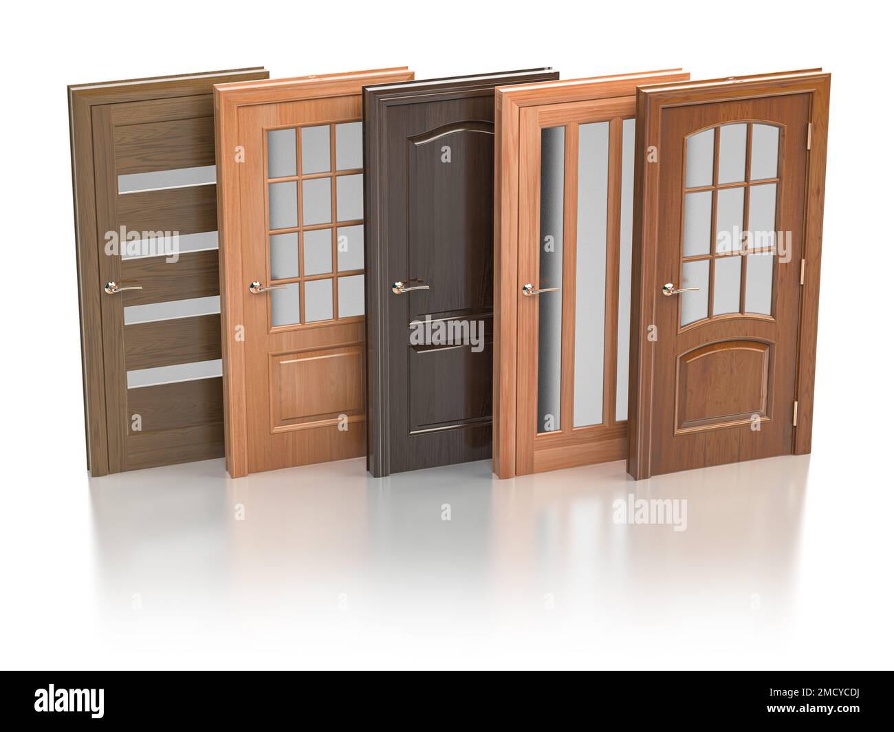 Porte in fila in diversi materiali, colori e design. illustrazione 3d Foto Stock