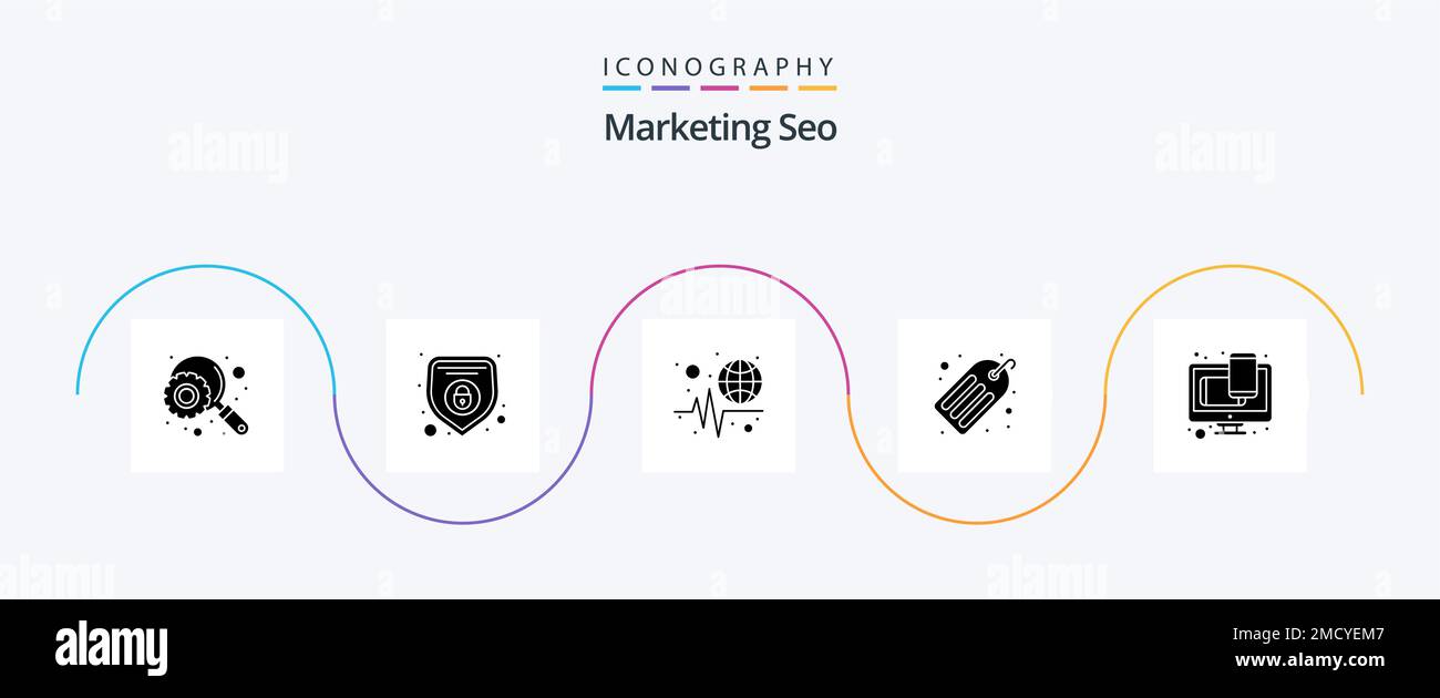 Marketing Seo Glyph 5 Icon Pack incluso il web design. reattivo. in tutto il mondo. design. tag Illustrazione Vettoriale