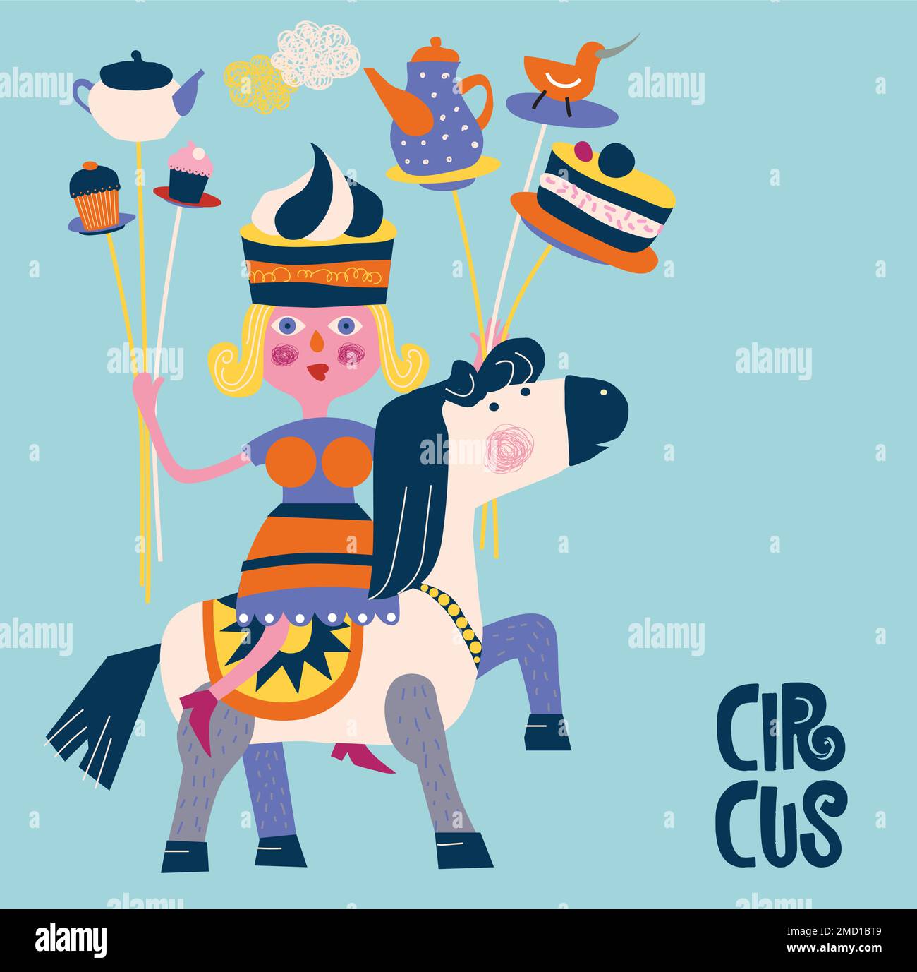 poster per un caffè dove una donna giocoliere cavalcare un cavallo da circo. Donna acrobata giocoliere con piatto, torte Illustrazione Vettoriale