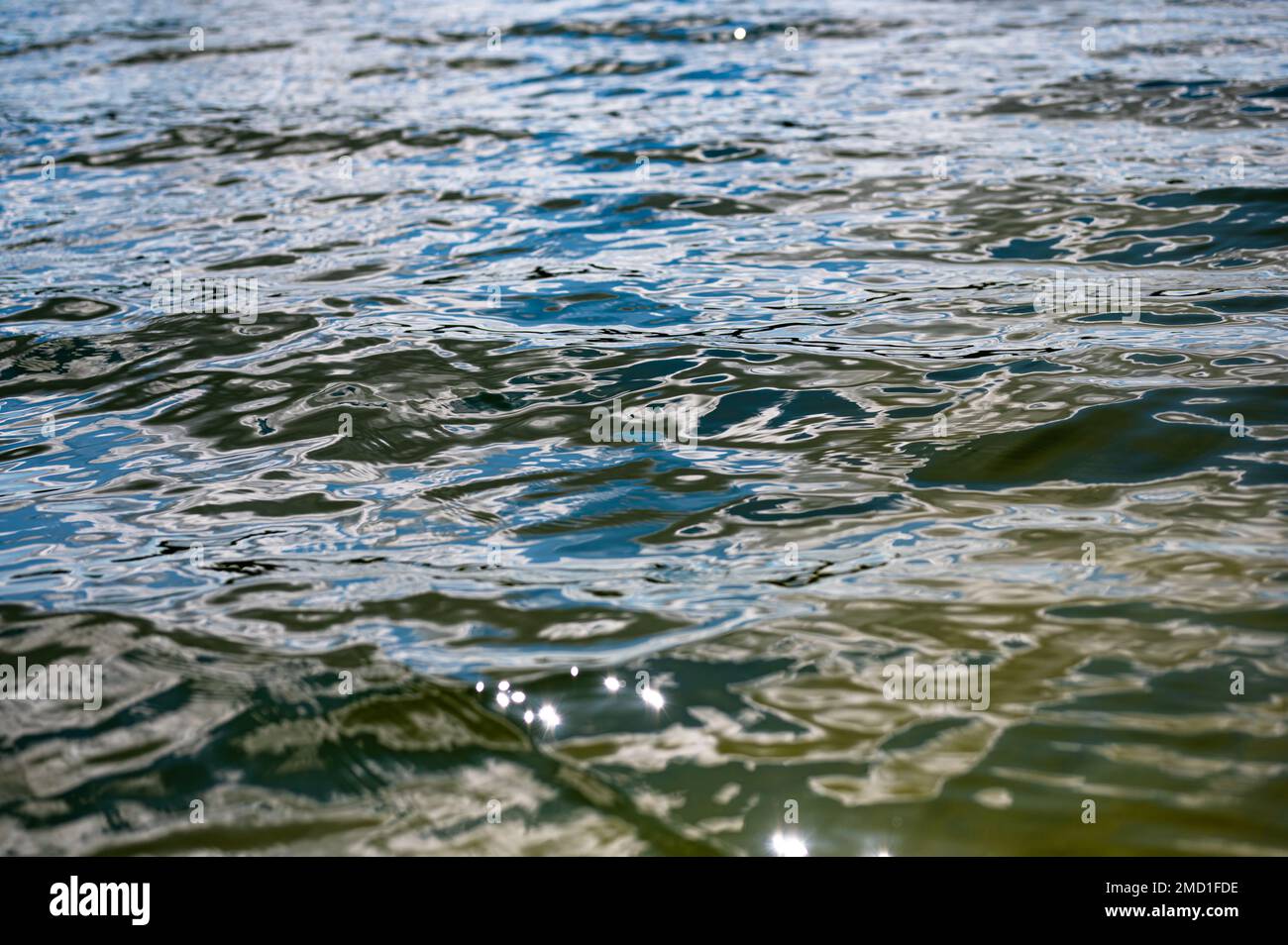 Scatto di primo piano ad alta velocità di un flusso d'acqua ondulato del lago. Blu scuro colori neri della superficie dell'acqua. Foto Stock