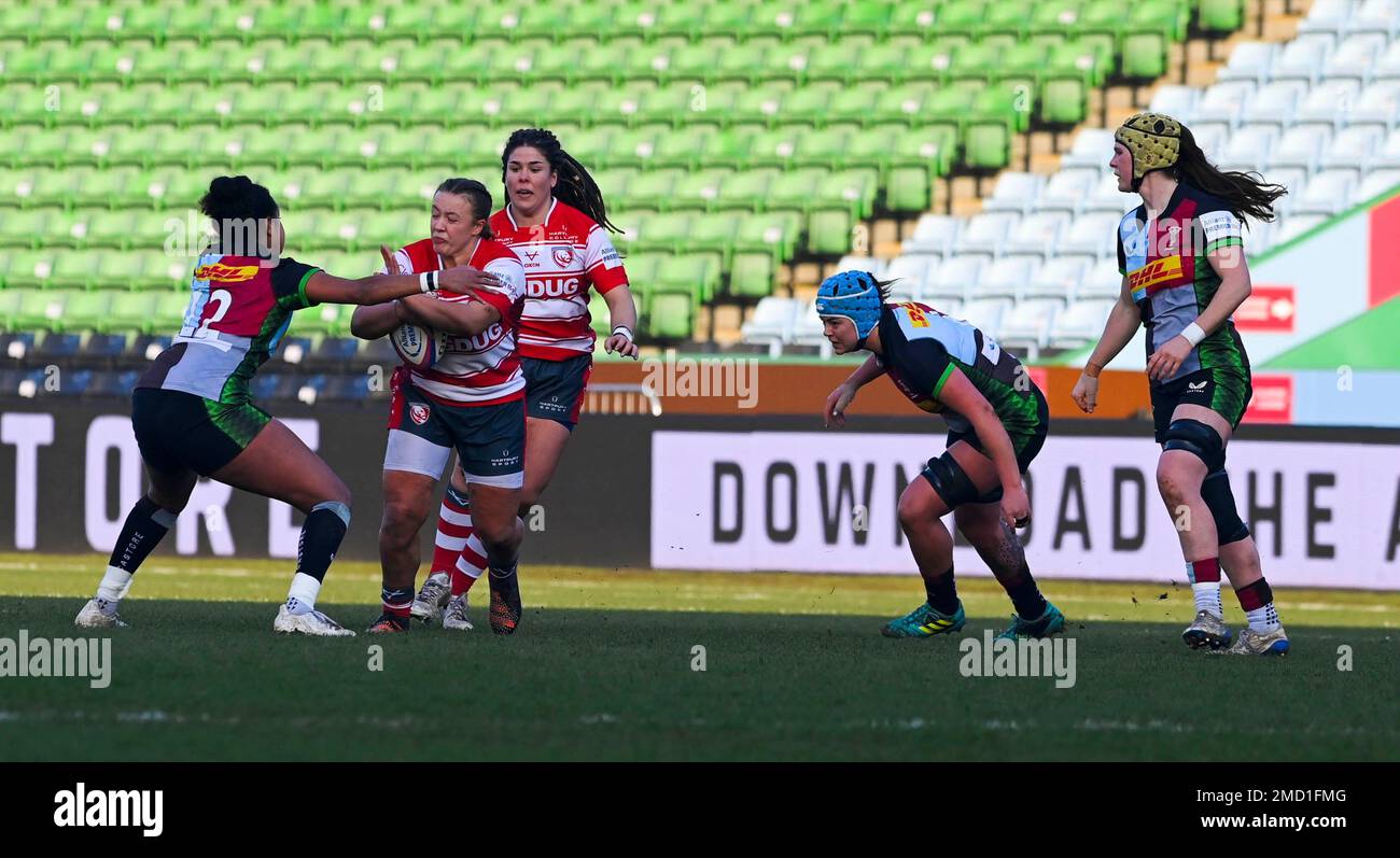 Northampton, Regno Unito. 22nd gennaio 2023. Twickenham Stoop, INGHILTERRA : LLEUCA GEORGE di Gloucester durante la partita delle donne Allianz Premiership 15 tra Harlequins Vs Gloucester - Hartpury , Twickenham Stoop Stadium Inghilterra 22-1-2023 Credit: PATRICK ANTHONISZ/Alamy Live News Foto Stock