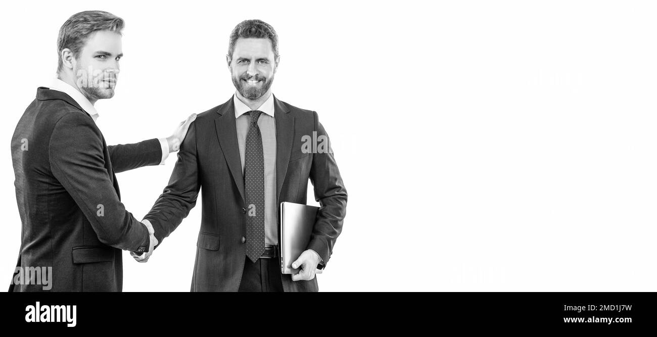 due colleghi d'affari che scuotono le mani dopo un affare di successo, lavoro di squadra. Uomo volto ritratto, banner con spazio copia. Foto Stock