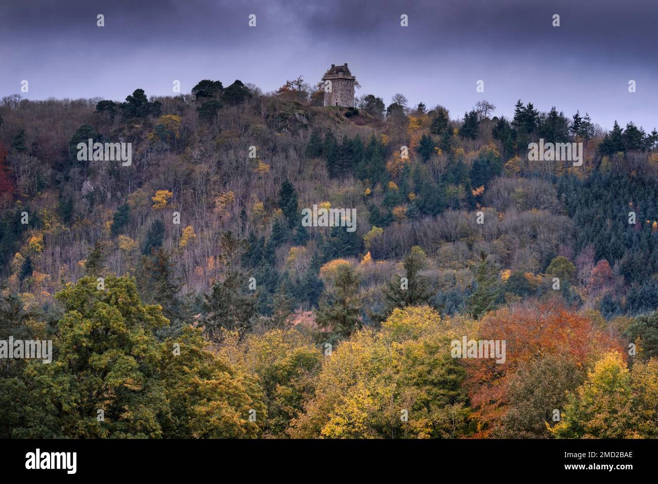 Il castello di Fatlips in autunno, vicino a Denholm, Teviotdale, Roxburghshire, Scottish Borders, Scozia, Regno Unito Foto Stock