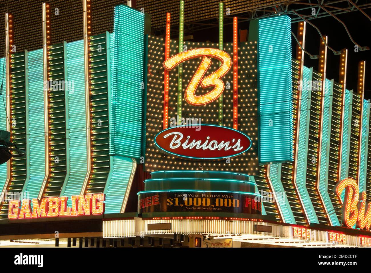 Cartello d'ingresso principale al Binions Gambling Hall & Hotel, Fremont Street, Las Vegas, Nevada, USA Foto Stock