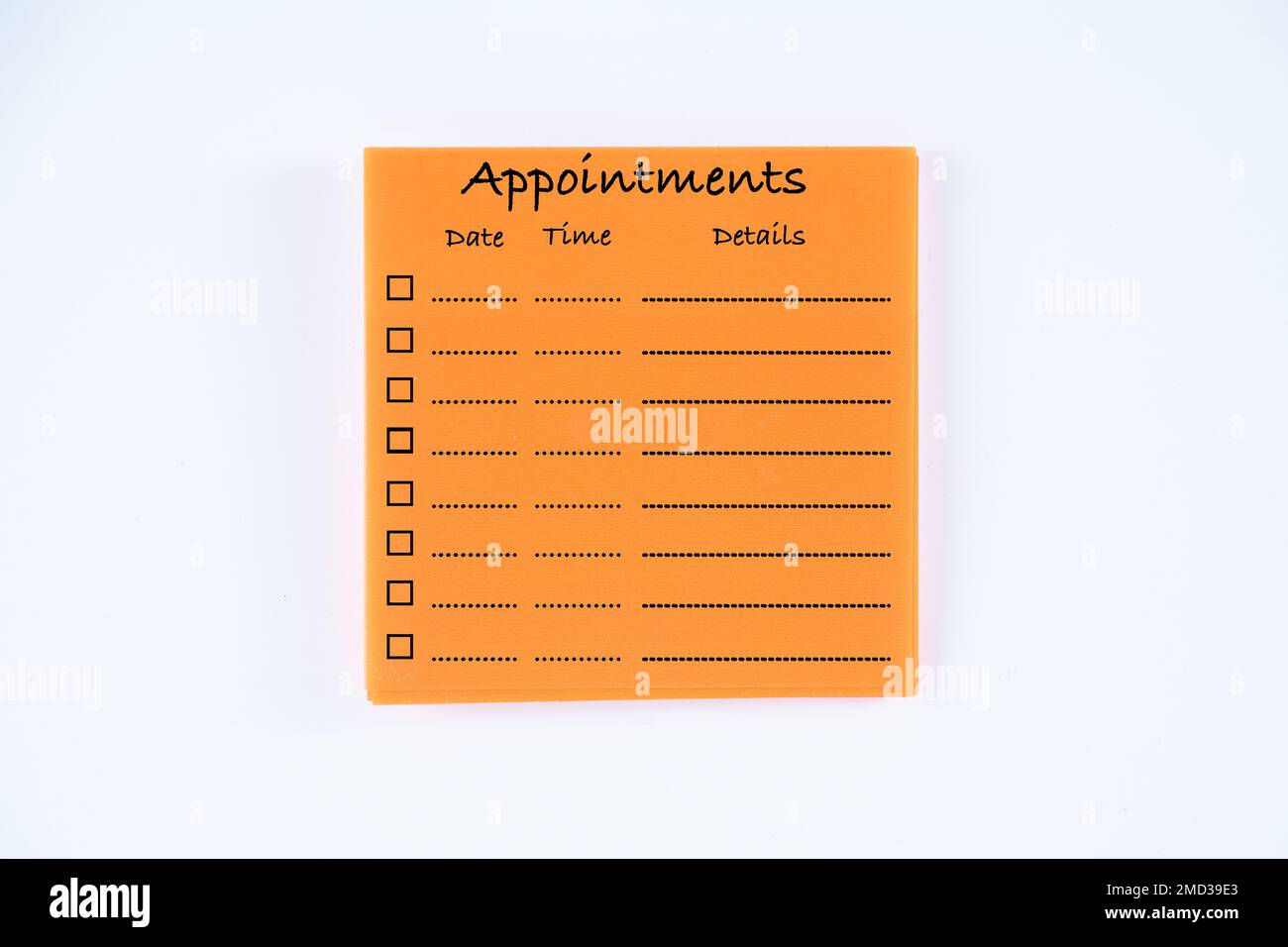 Il modello del blocco note appiccicoso dell'organizer degli Appointments è raffigurato in arancione isolato su sfondo bianco Foto Stock