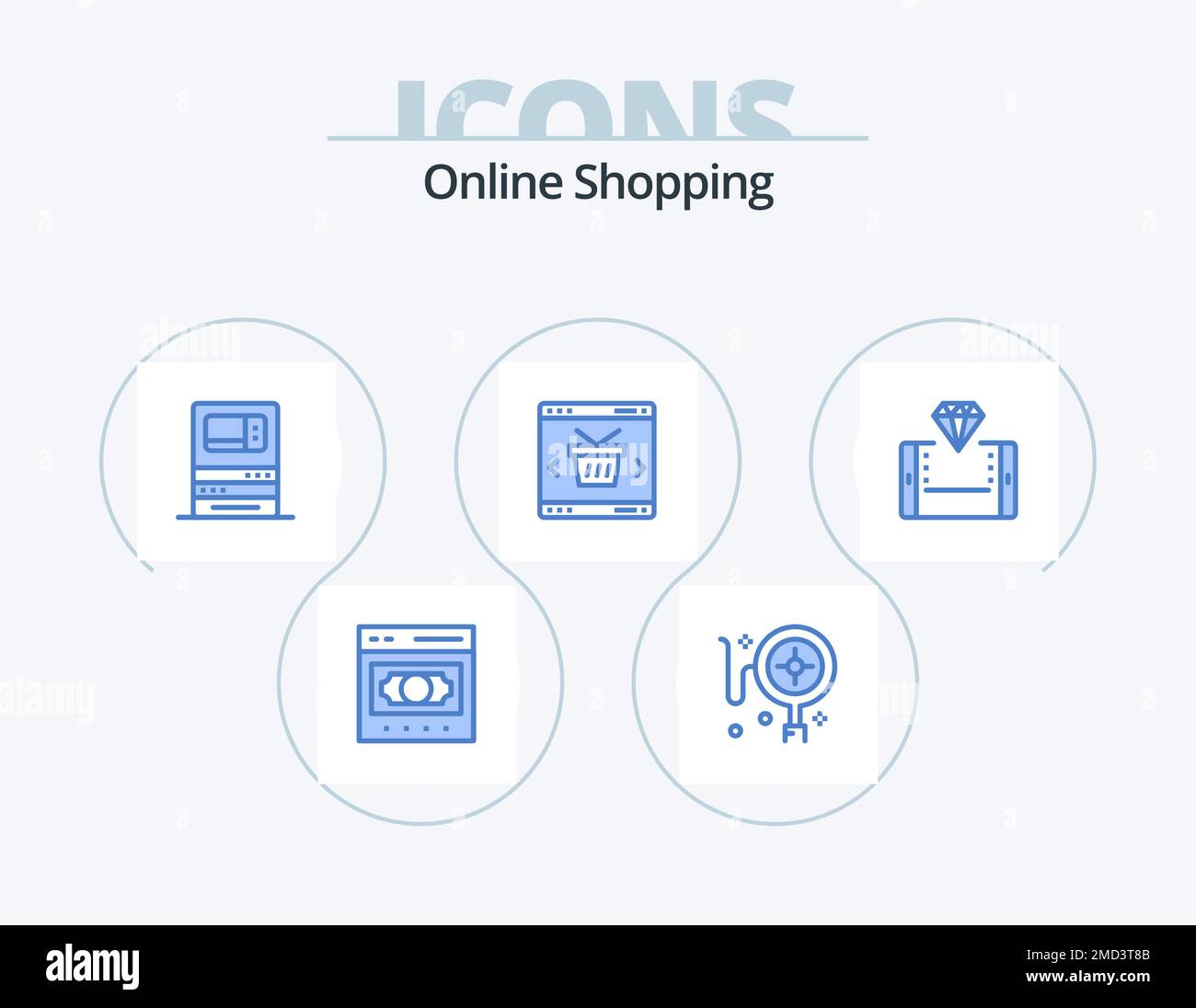 Shopping Online Blue Icon Pack 5 Icon Design. negozio. online. bancomat. carrello. ritirate Illustrazione Vettoriale