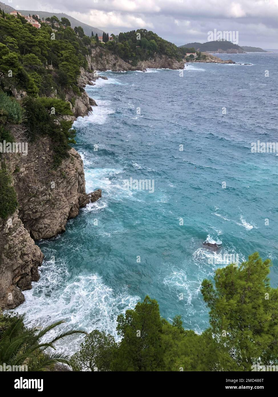 Uno scatto verticale di bella mare con scogliere boscose sulla costa Foto Stock