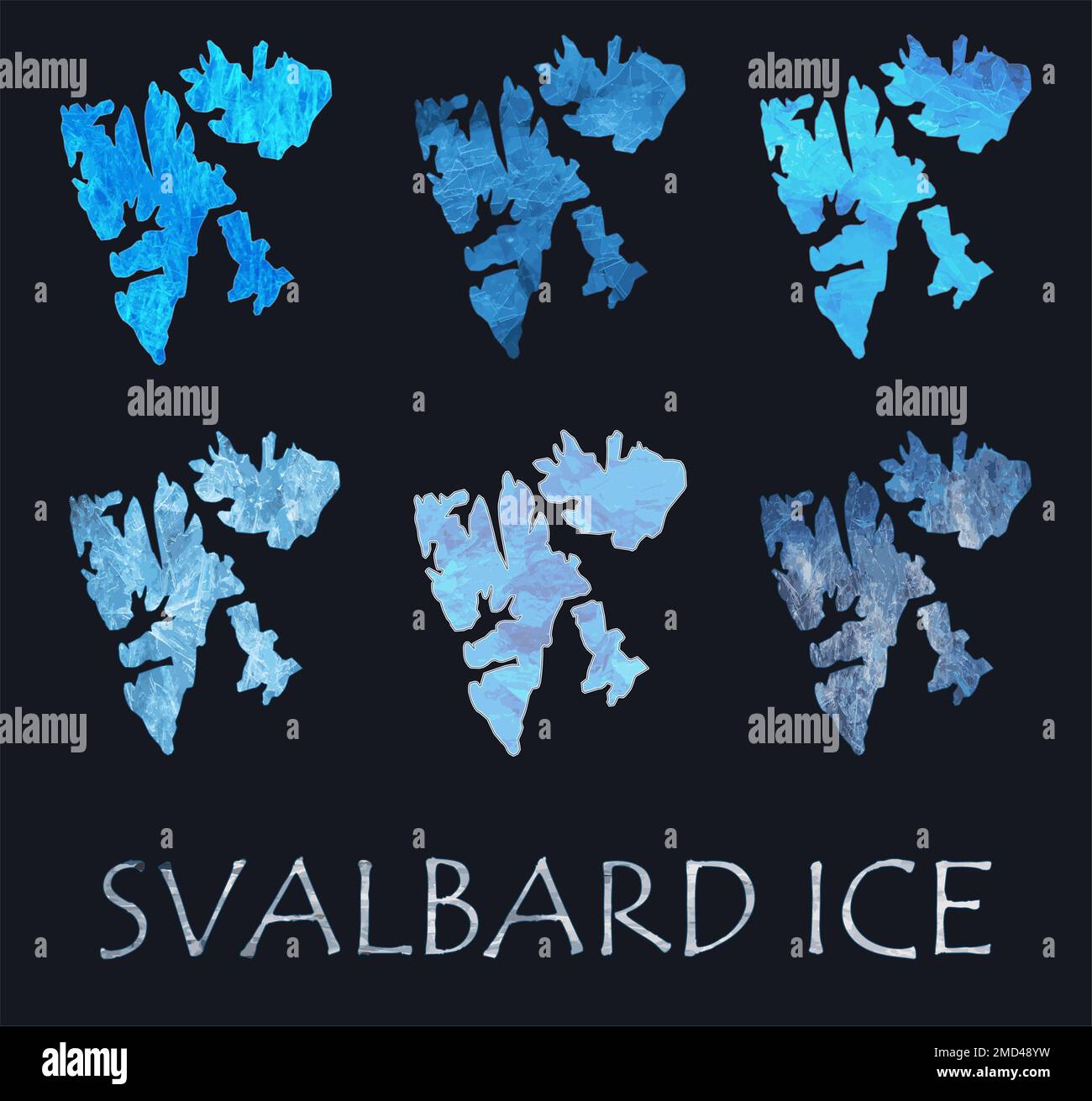 Insieme di contorni mappa Svalbard su texture ghiaccio. Collage concettuale. Foto Stock
