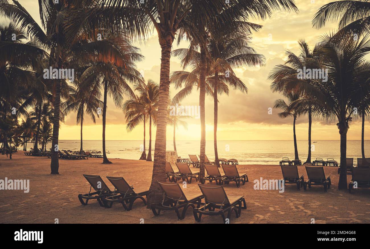 Lettini da sole su una spiaggia tropicale al tramonto, tonificanti di colore applicati. Foto Stock