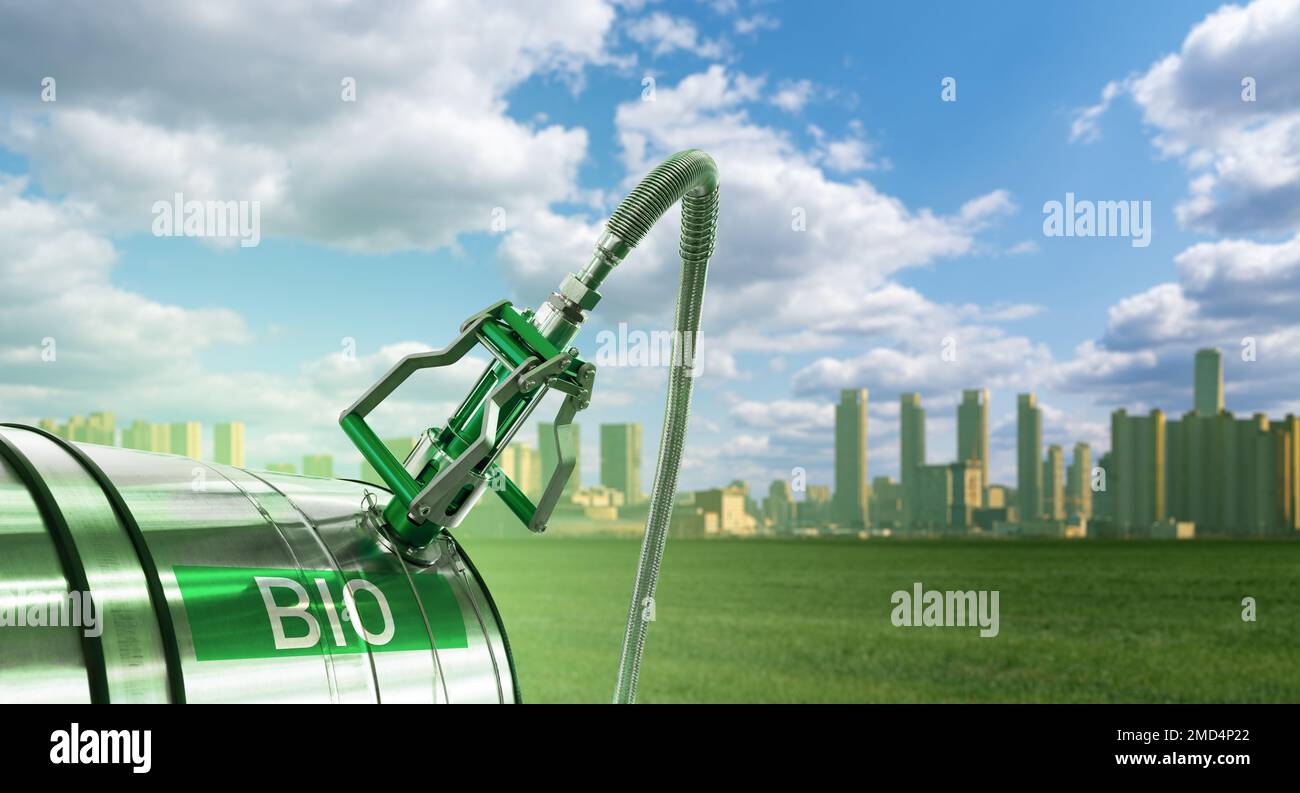 Ugello di riempimento del biocarburante con serbatoio di stoccaggio su sfondo verde cittadino Foto Stock