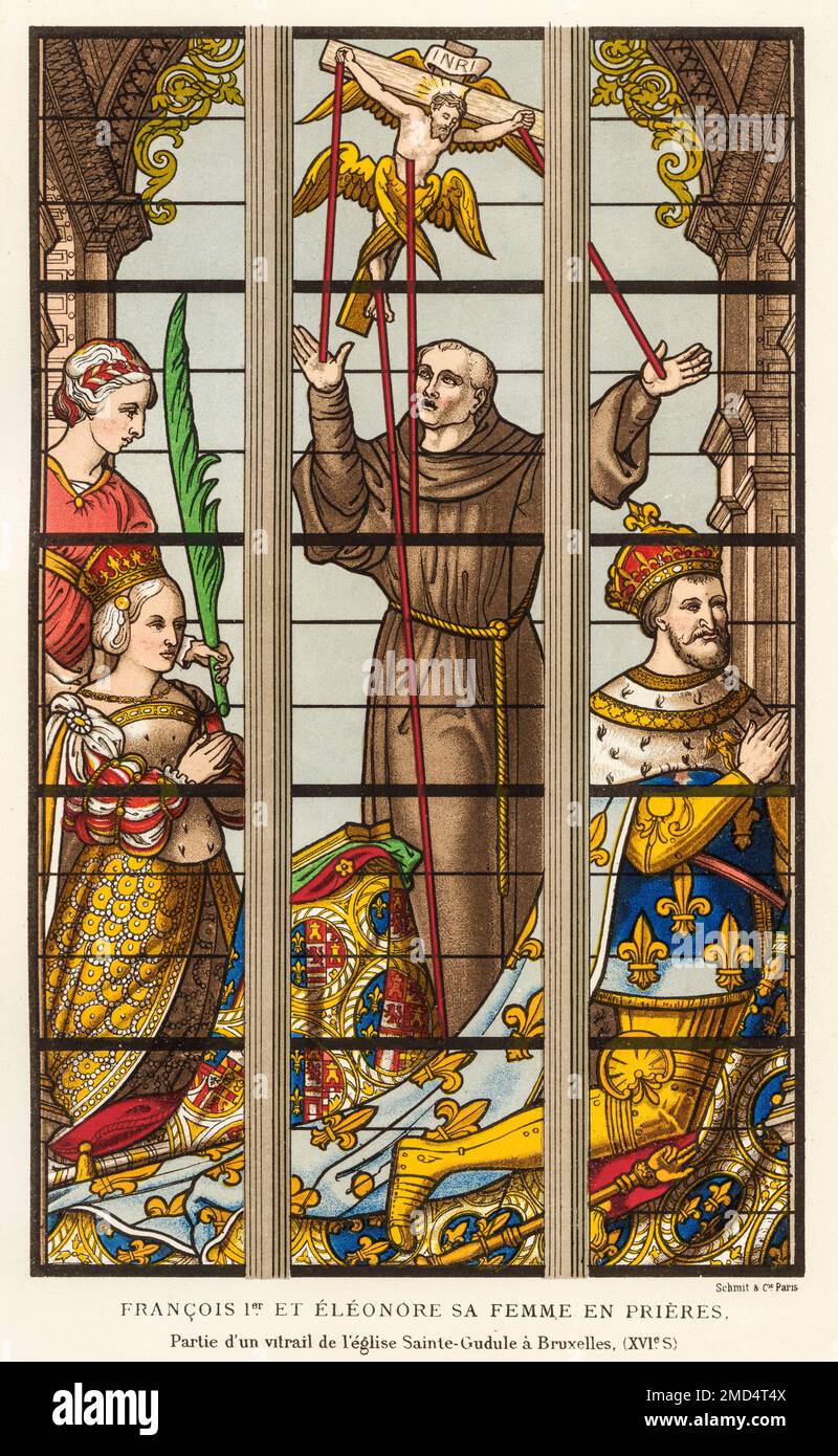 Francois i ed Eleanor sua moglie in preghiera. Vetrata, Cattedrale gotica di Saint-Michel e Saint-Gudule, Bruxelles XVI. Belgio. Le Arti del Medioevo e al periodo del Rinascimento di Paul Lacroix, 1874 Foto Stock