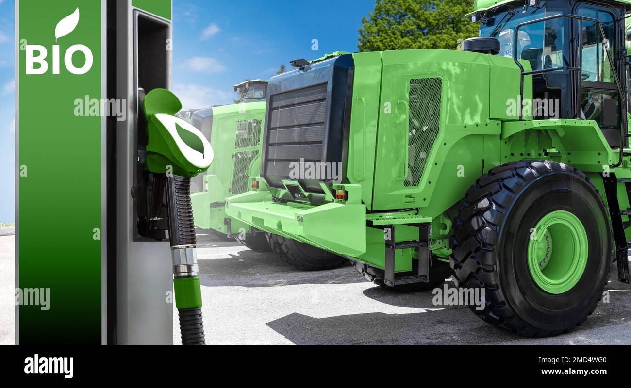 Stazione di riempimento di biocarburanti su un fondo di macchine da cantiere Foto Stock