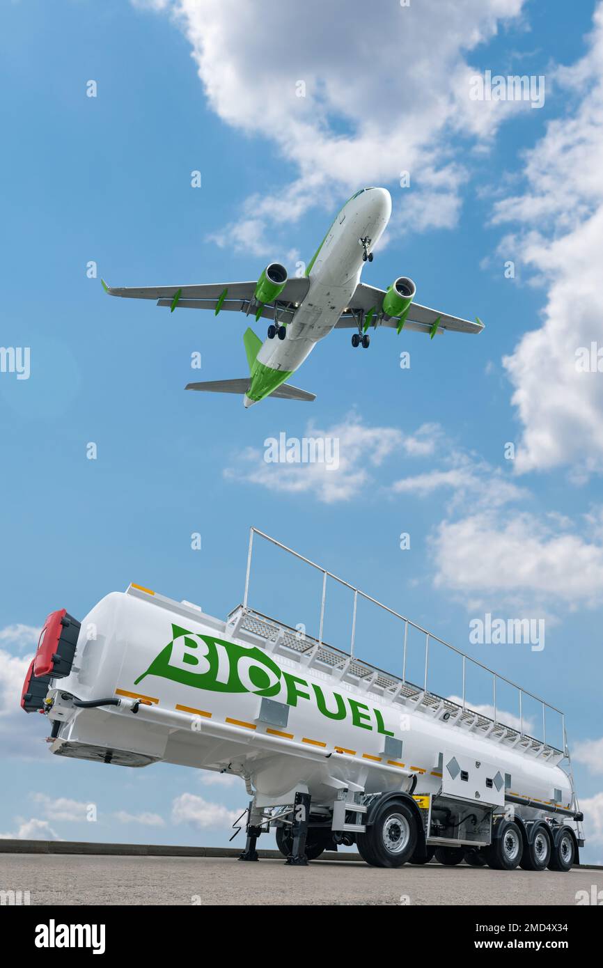 Rimorchio per aerei e serbatoi di biocarburante. Nuovo concetto di fonti di energia Foto Stock