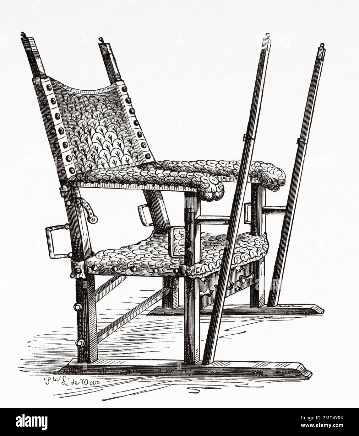 Sedia berlina utilizzata da Carlos i di Spagna. Carlo V Imperatore Sacro Romano. Le Arti del Medioevo e al periodo del Rinascimento di Paul Lacroix, 1874 Foto Stock