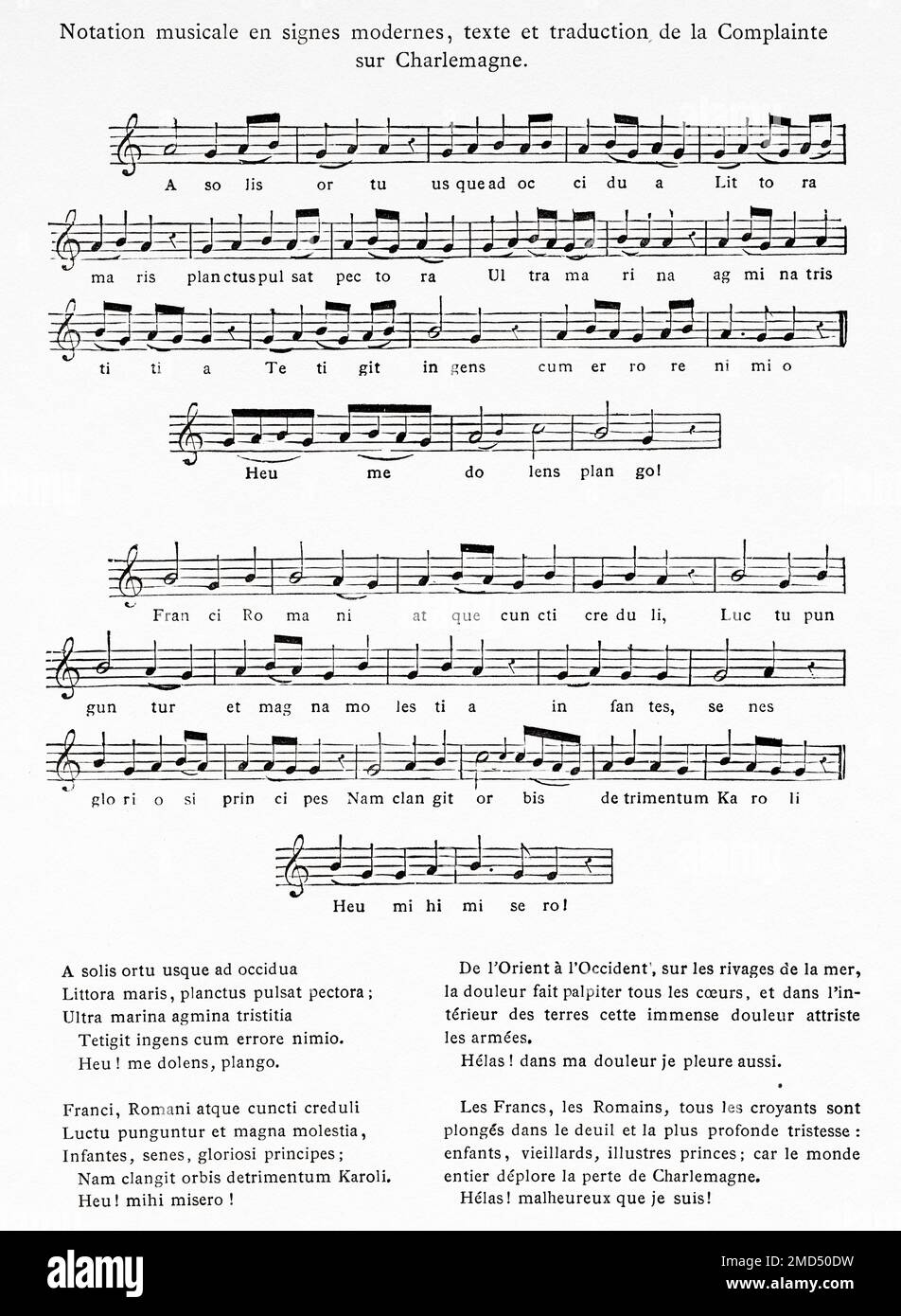 Lamento scritto sulla morte di Carlo Magno nel 814 utilizzando la notazione Neumes del 7th ° al 11th ° secolo, attribuito all'abate Colombano di Saint-Trond. Le Arti del Medioevo e al periodo del Rinascimento di Paul Lacroix, 1874 Foto Stock