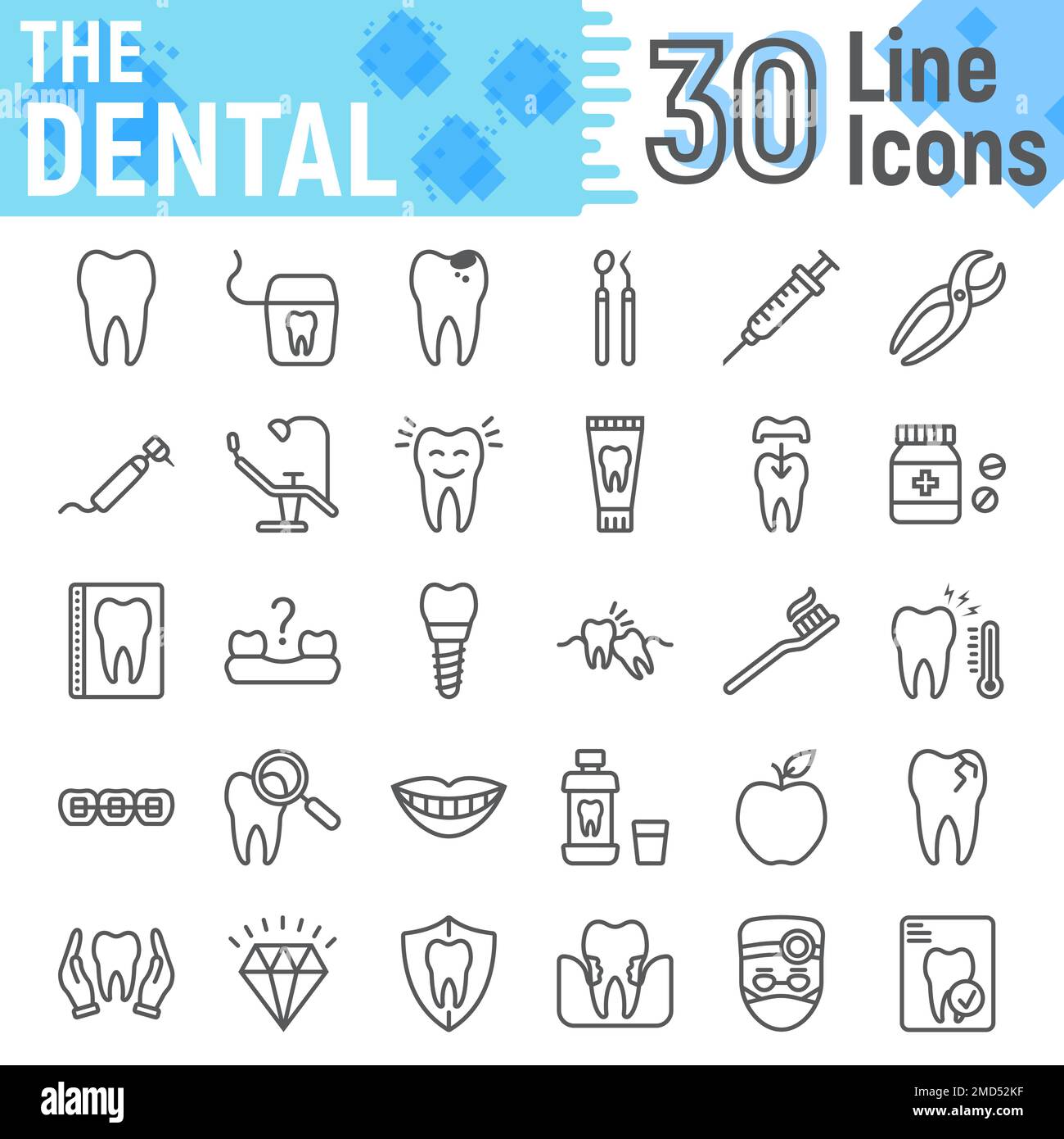 Set icone linea dentale, collezione simboli stomatologici, schizzi vettoriali, illustrazioni logo, pacchetto pittogrammi lineari segni clinica dentale isolato su sfondo bianco, eps 10. Illustrazione Vettoriale