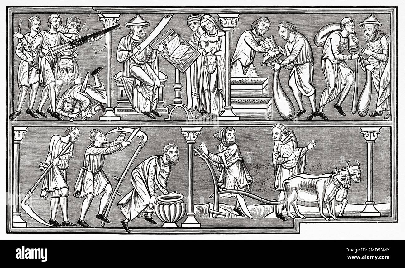 salterio del 13th° secolo, raffigurante opere di guerra, scienza, commercio e agricoltura. Le Arti del Medioevo e al periodo del Rinascimento di Paul Lacroix, 1874 Foto Stock