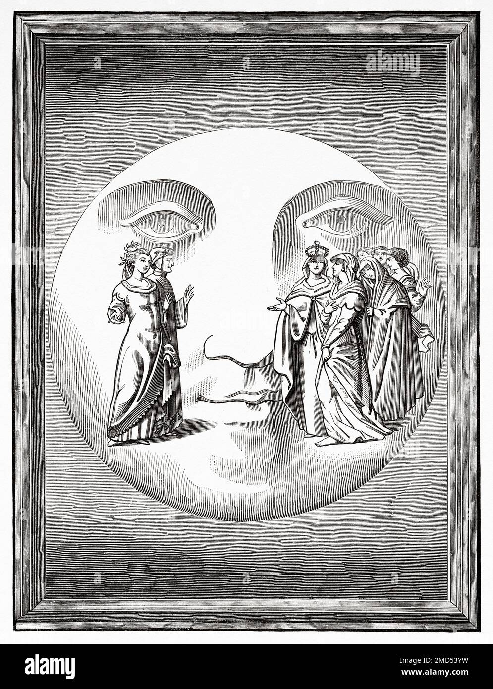Dante e Beatrice trasportavano sulla luna. Miniatura eseguita da Giulio Clovio del 16th° secolo e ripresa dal Paradiso di Dante in rappresentanza del poeta e della sua Beatrice trasportata sulla luna, dimora di donne dedicate alla castità. Le Arti del Medioevo e al periodo del Rinascimento di Paul Lacroix, 1874 Foto Stock