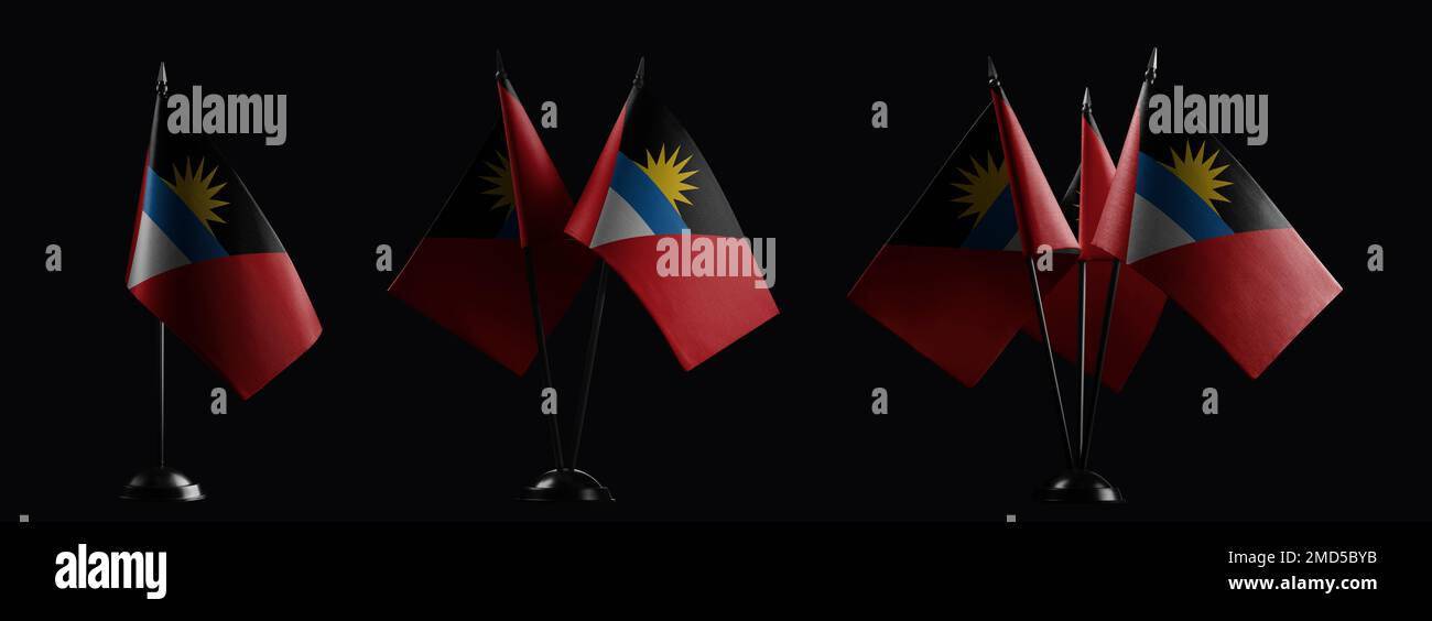 Bandiere nazionali di Antigua e Barbuda su sfondo nero. Foto Stock