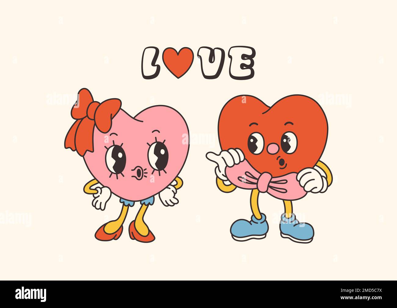 Retro Groovy San Valentino personaggi con slogan sull'amore. Stile cartoon 70s alla moda. Cartolina, cartolina, vettore di stampa Illustrazione Vettoriale