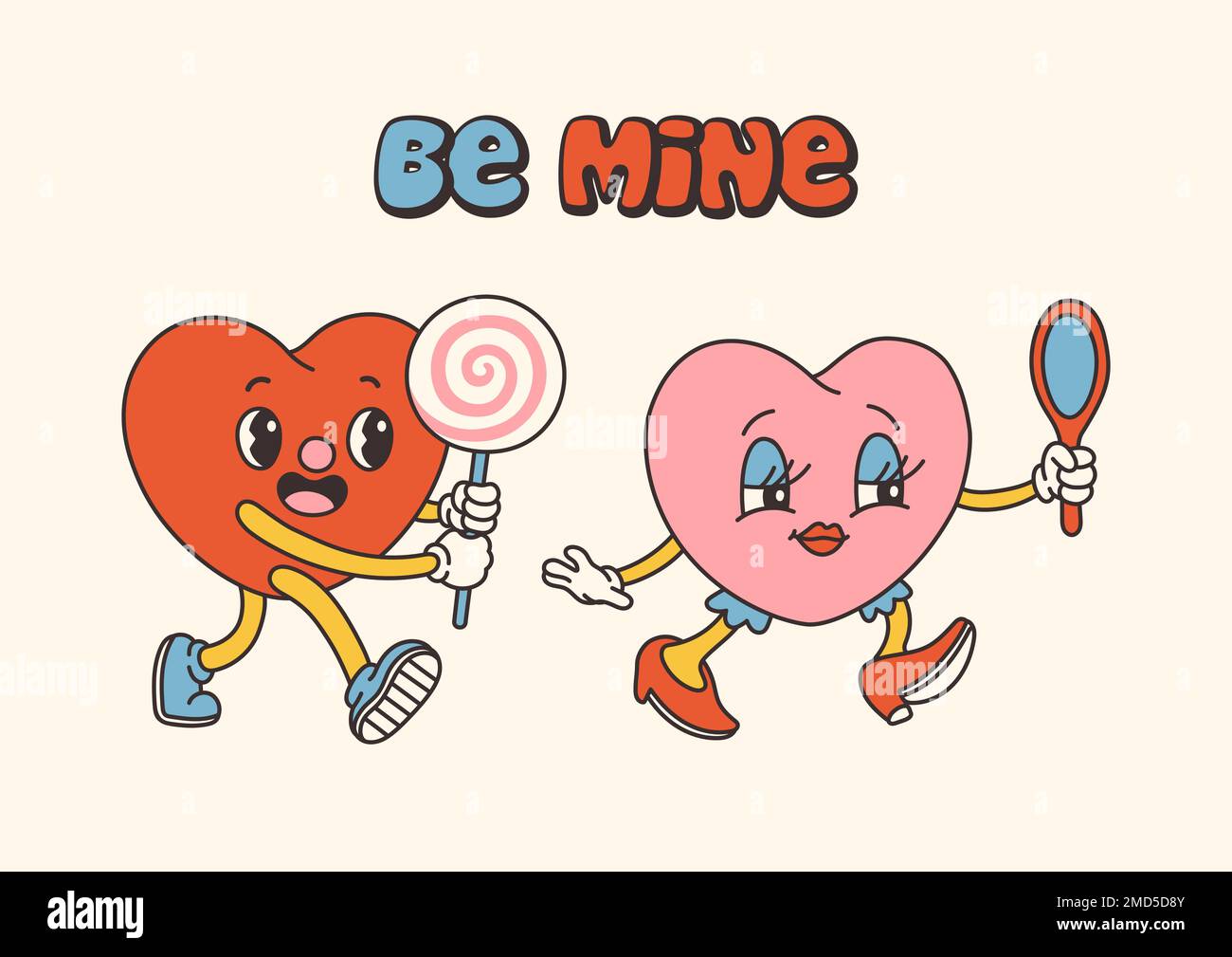 Retro Groovy San Valentino personaggi con slogan sull'amore. Stile cartoon 70s alla moda. Cartolina, cartolina, vettore di stampa Illustrazione Vettoriale