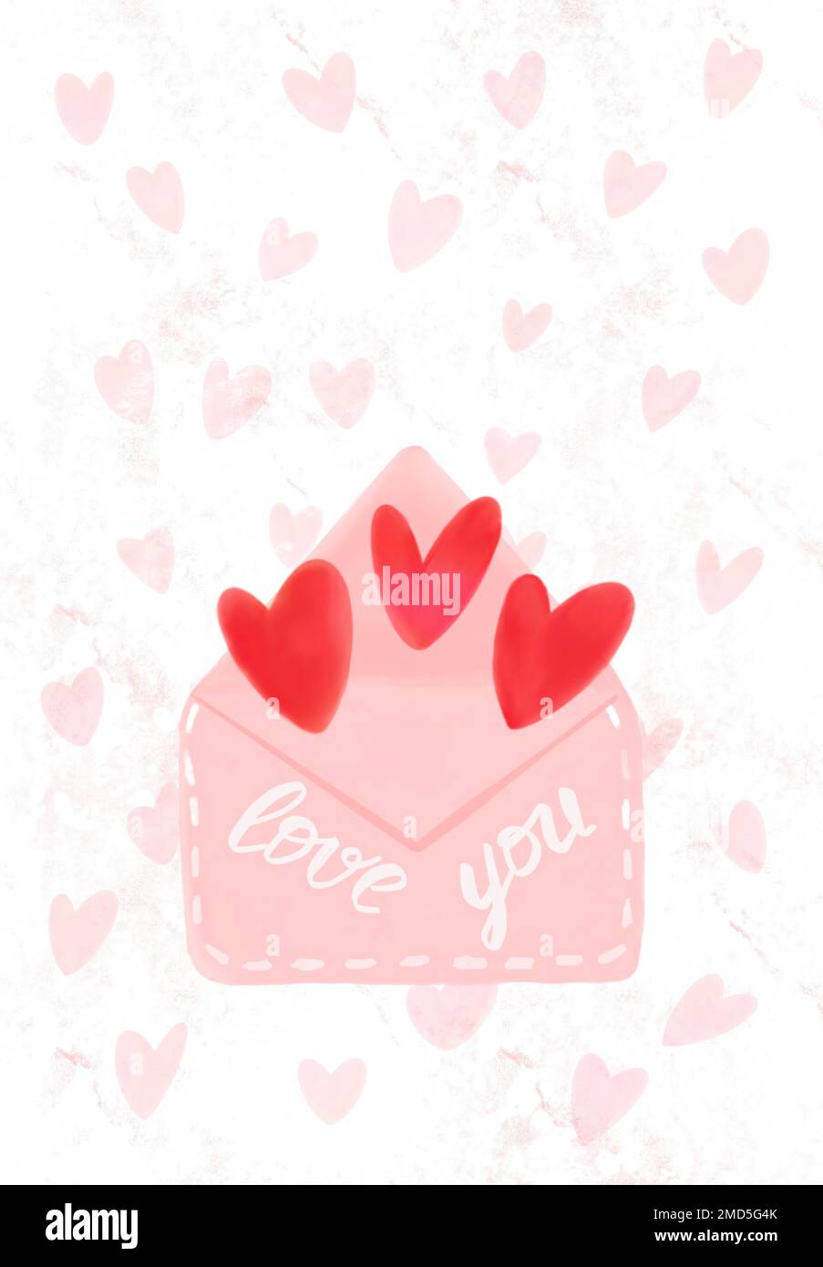 Carta per San Valentino. Acquerello cuori piatti rossi e rosa disegnati da un pennello che vola dalla busta. Semplice, minimalista, carta di vacanza. Foto Stock