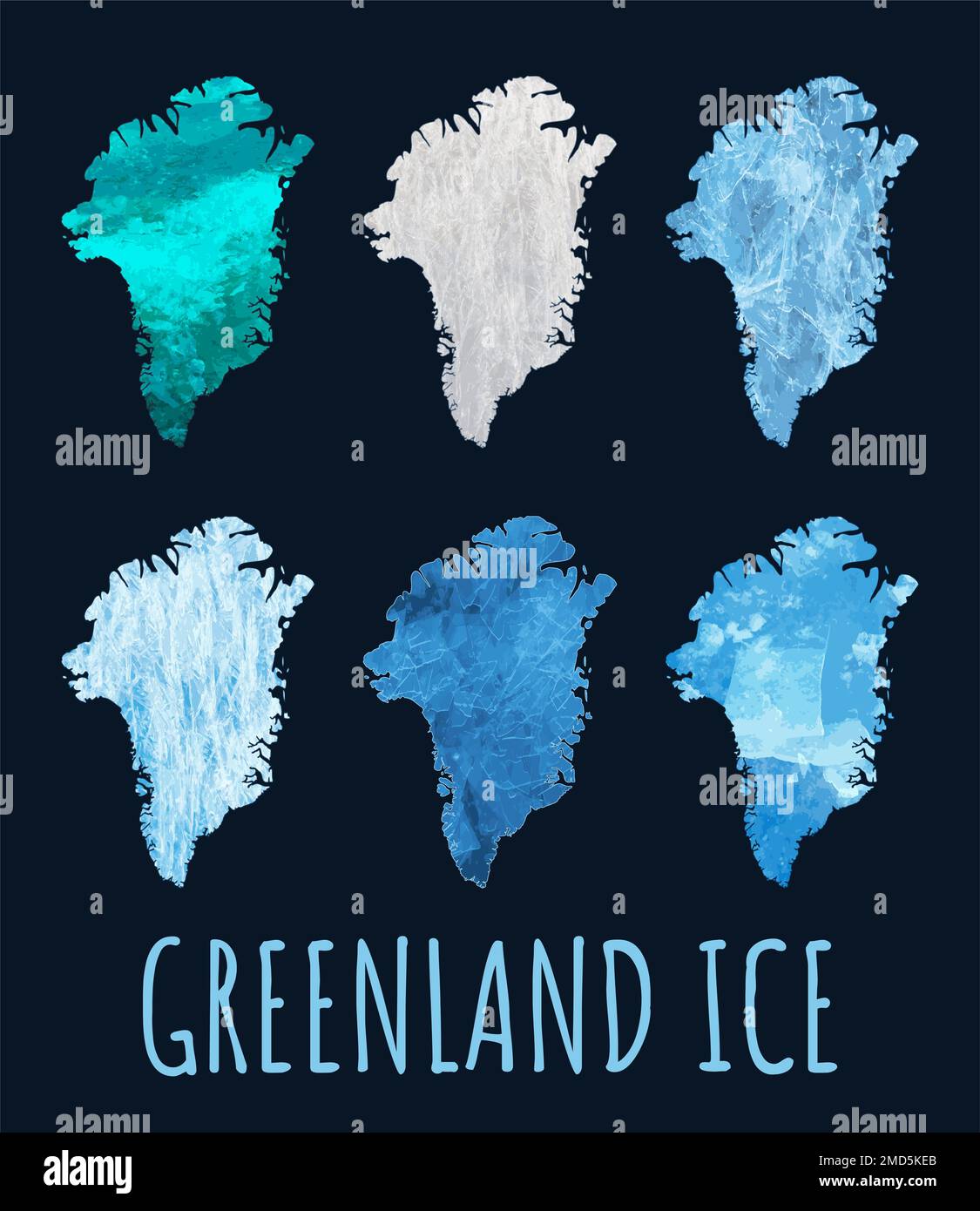 Insieme di contorni della mappa della Groenlandia sulla struttura del ghiaccio. Collage concettuale. Foto Stock