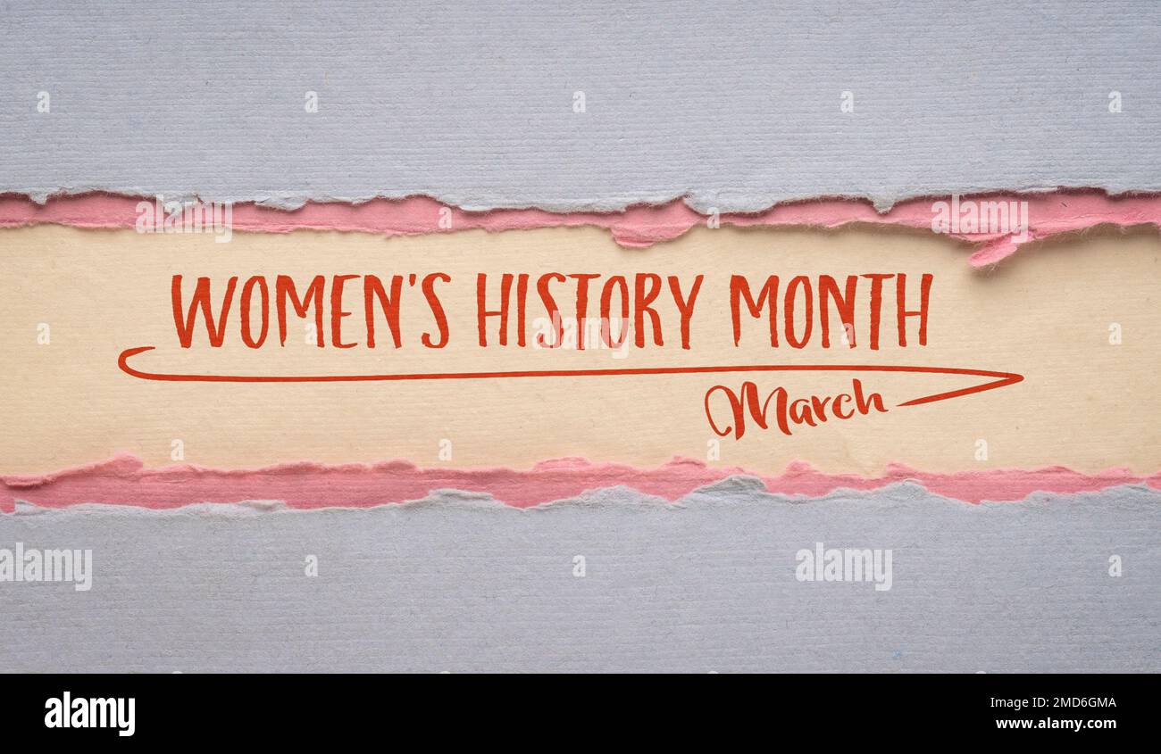 Marzo Women History Month, calligrafia su un articolo fatto a mano, contributi delle donne agli eventi della storia e della società contemporanea Foto Stock