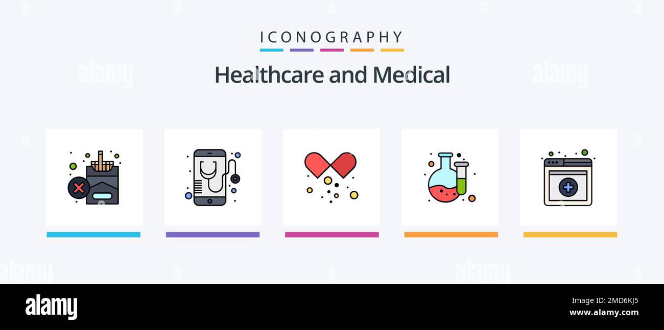 Kit icone 5 riempito da Medical Line, laboratorio incluso. scienza. assistenza sanitaria. laboratorio. chimica. Icone creative Design Illustrazione Vettoriale