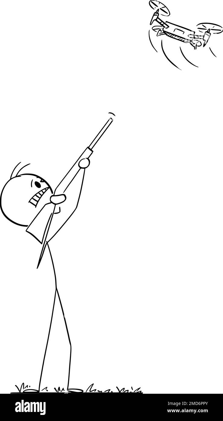 Arrabbiato persona Tiro di Rifle a Flying Drone , Vector Cartoon Stick Figure Illustrazione Illustrazione Vettoriale